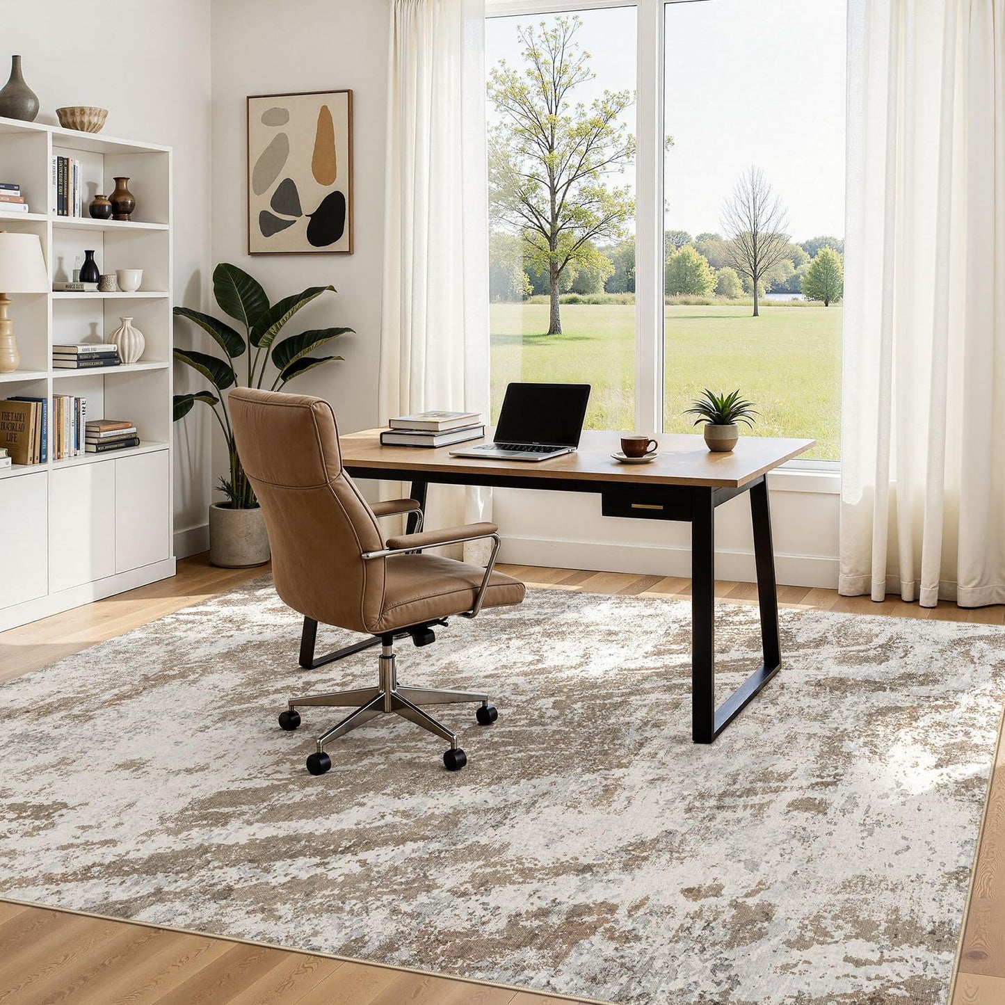 DMOYEST 5x7 Washable Area Rug: Abstract Modern Non-Slip Carpet, Soft Low Pile Indoor Neutral Easy Clean Floor Rugs for Living Room Bedroom Dining Room Kids & Pets - Brown