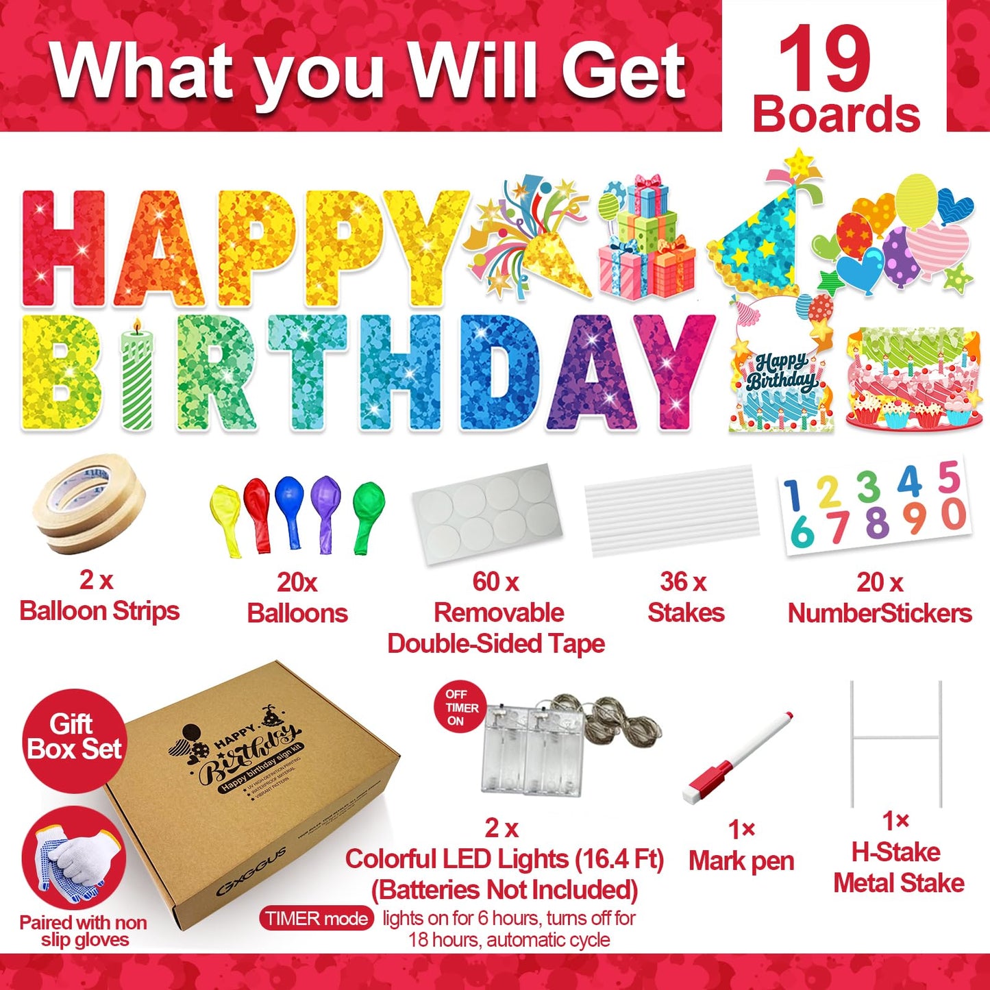 GXGGUS Happy Birthday Yard Signs Outdoor Decorations - 19 PCS Set with 16" Letters, 30" Large Cake Sign on H-Shaped Metal Stand, 32.8 Ft LED Lights & Stakes for Lawn Garden Party