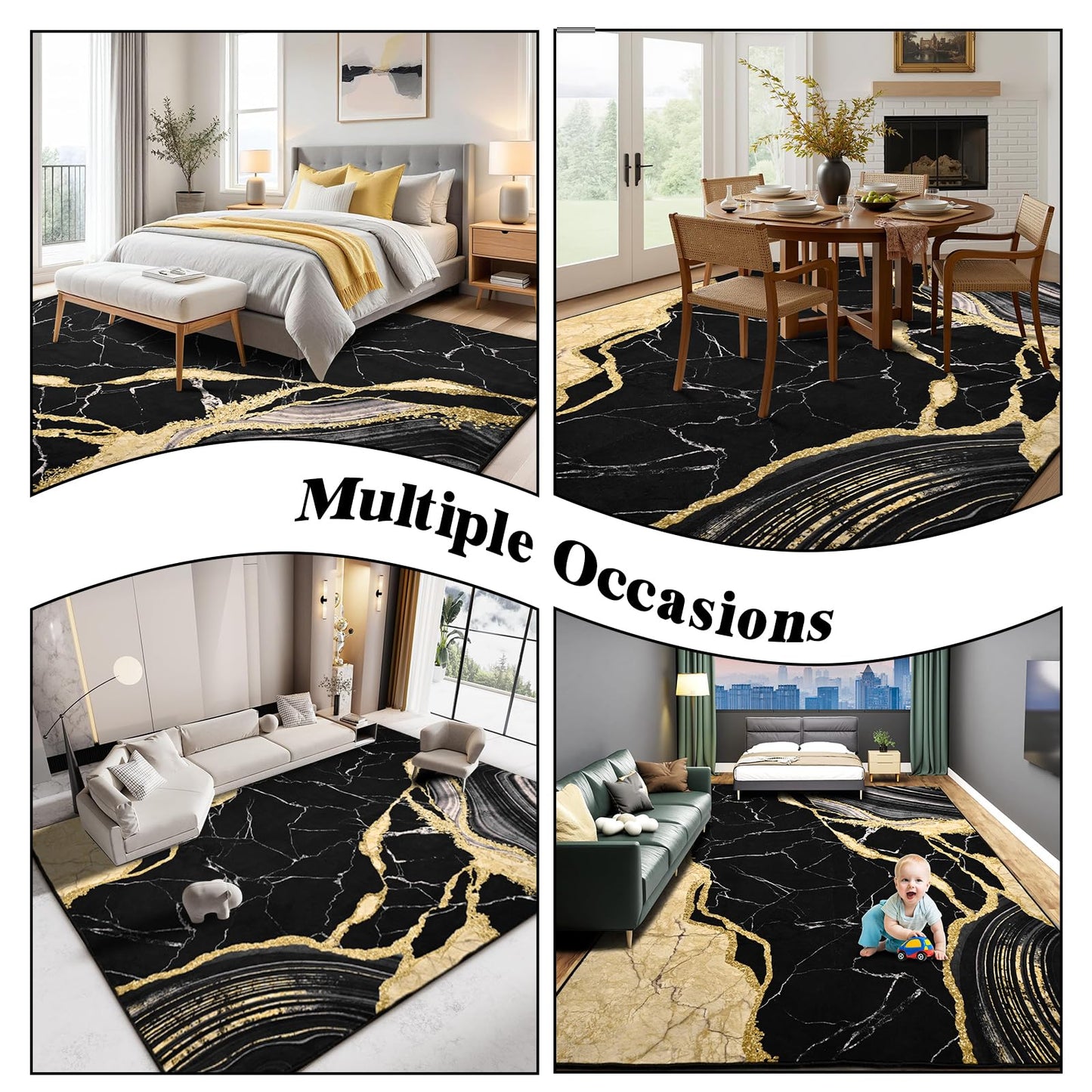 ASPMIZ Marble Area Rug 8x10 Washable Rugs for Living Room, Soft Faux Wool Black and Gold Bedroom Rugs Non Slip Modern Floor Carpet Low Profile Large Throw Rug for Dining Room Home Office Decor