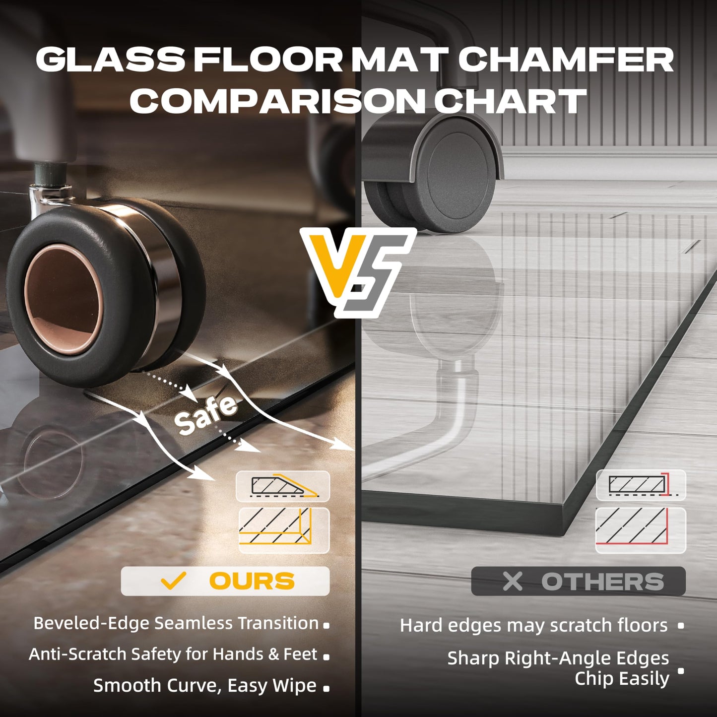 [Tempered Glass] 48“x30” Beveled Edge Glass Chair Mat with Polished Edge Clear Office Chair Mat, Glides Smoothly, Suitable for Carpet or Hardwood Floors (Grey)
