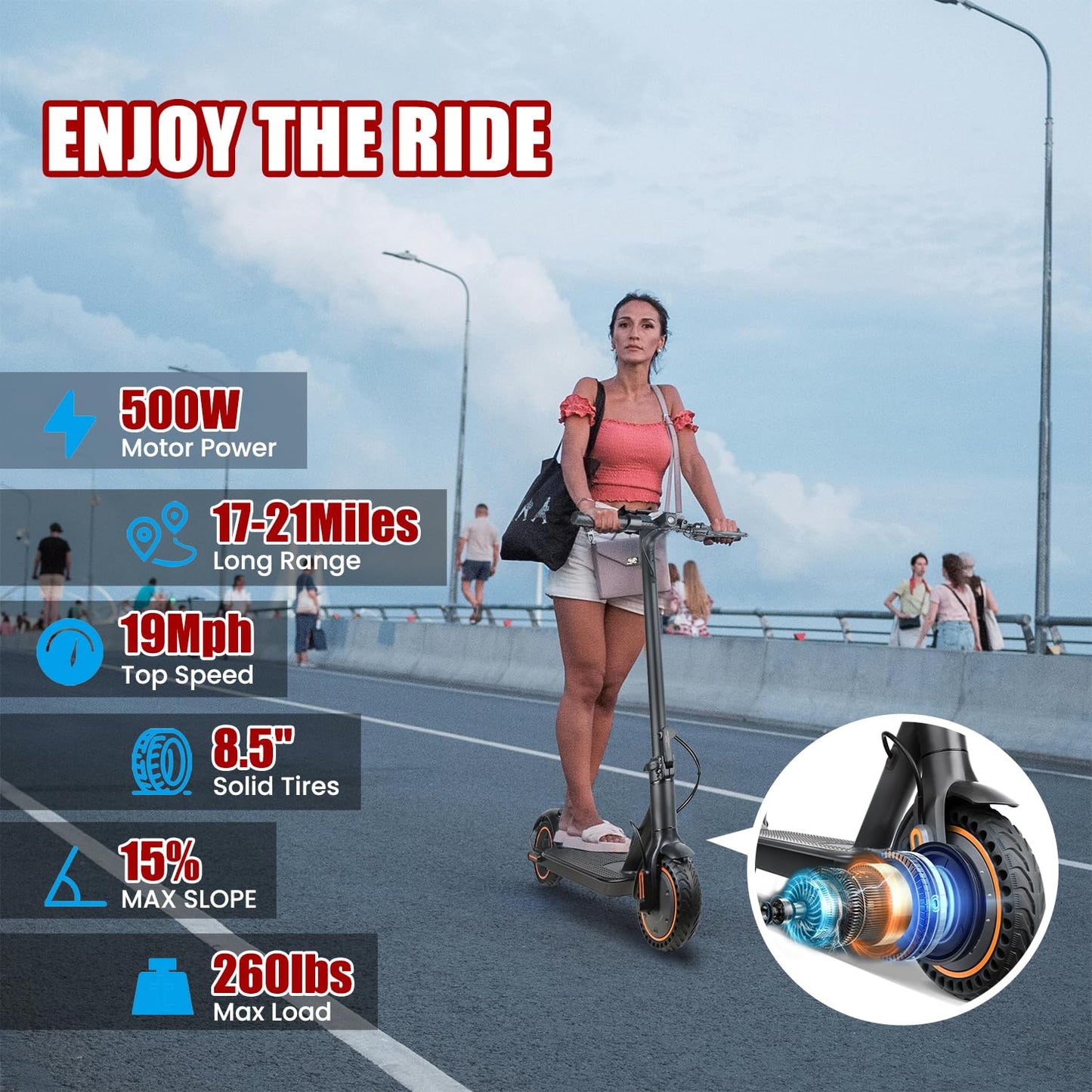 Electric Scooter, 8.5" Solid Tires E Scooter for Adult, Peak 500W Motor, Up to 19MPH /19-21Miles Commuter Escooter, with Smart APP and Cruise Control Portable Scooter Electric