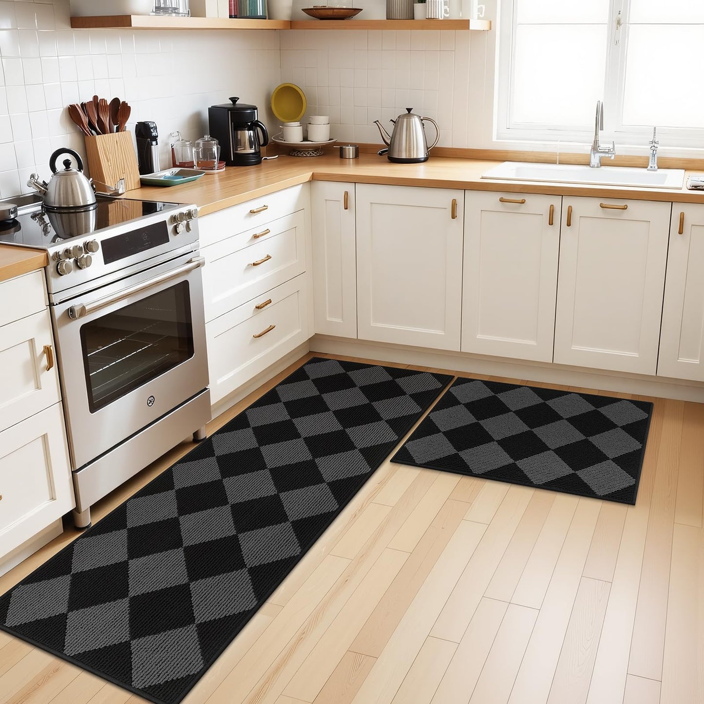 SHACOS 3Pcs Kitchen Rug, Checkered Kitchen Mat for Floor, Washable Non Slip Runner Rug for Hallway Entryway, Kitchen Runner Set for Kitchen, Front of Sink (17"x30"+17"x47"+17"x59", Black/Grey)