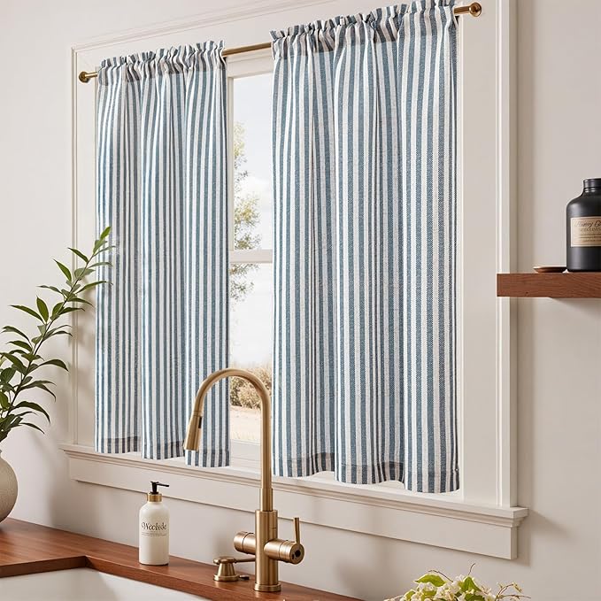 jinchan Striped Linen Kitchen Curtains 45 Inches Length Tier Curtains Farmhouse Modern Cafe Style Small Window Treatments Airy Light Filtering Rod Pocket for Living Room Bathroom 2 Panels Blue