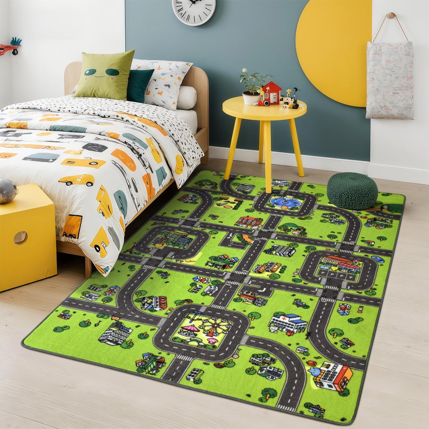 Terrug Kids Rug for Playroom, Non-Slip Washable Educational City Map for Classroom, Town Road Playmat Carpet for Bedroom Learning, 4x6 Feet