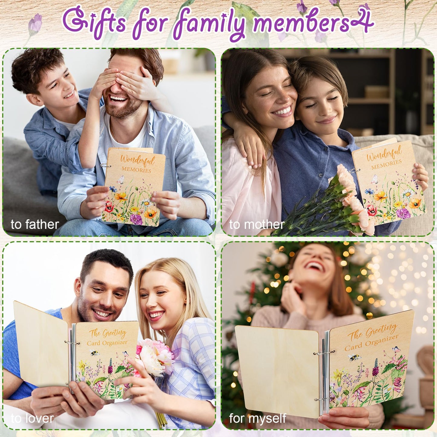 Suzile 2 Packs 9x6.5 Inch Greeting Card Organizer Book Wood Floral Card Organizer Album Binder, Keepsake Storage Holder Gift for Wedding Anniversary Mother's Day Holiday Memory Photo Collection