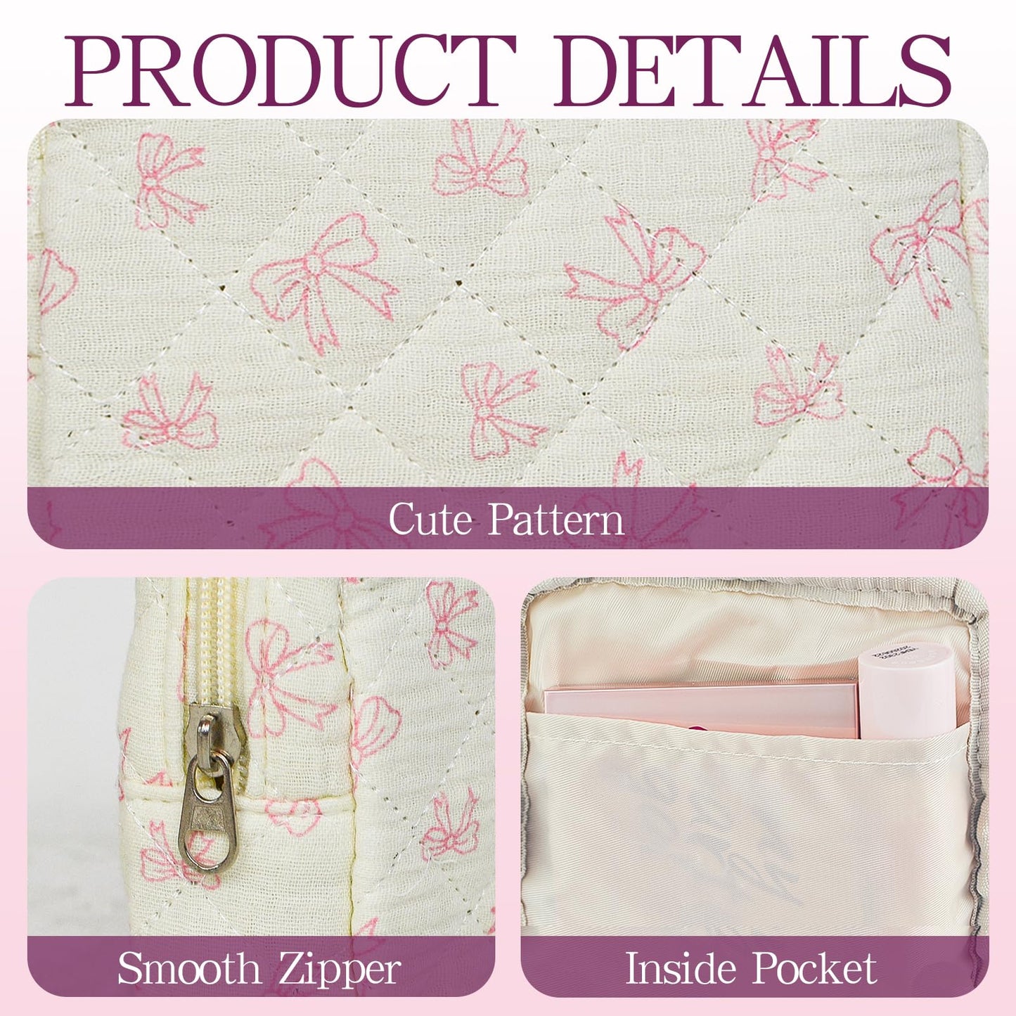 AMZMA Small Quilted Makeup Bag Mini Floral Pouch for Purse Cute Travel Toiletry Organizer Cotton Cosmetic Pouch with Slip-in Pockets