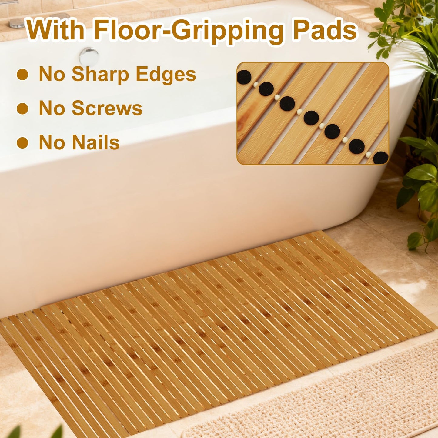 YAYODS Bamboo Bath Mat, 47x16 Inch Non Slip Waterproof Bamboo Shower Mat Wooden Bathroom Mat for Floor, Bathtub, Sauna Spa, Pool