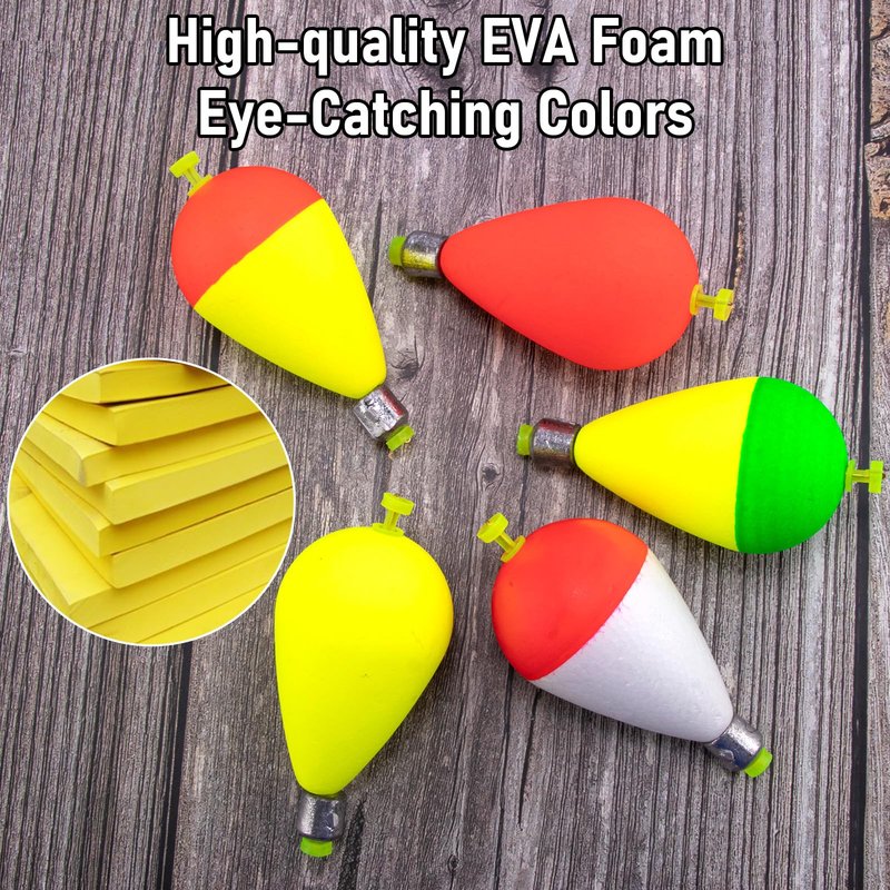 Dr.Fish 5 Pack Weighted Fishing Bobbers Snap-on Spring Bobbers Push Button Floats EVA Foam Pear Shape Bass Freshwater Fishing for Crappie Panfish Bluegill Trout 2" Red/Fluorescent Yellow