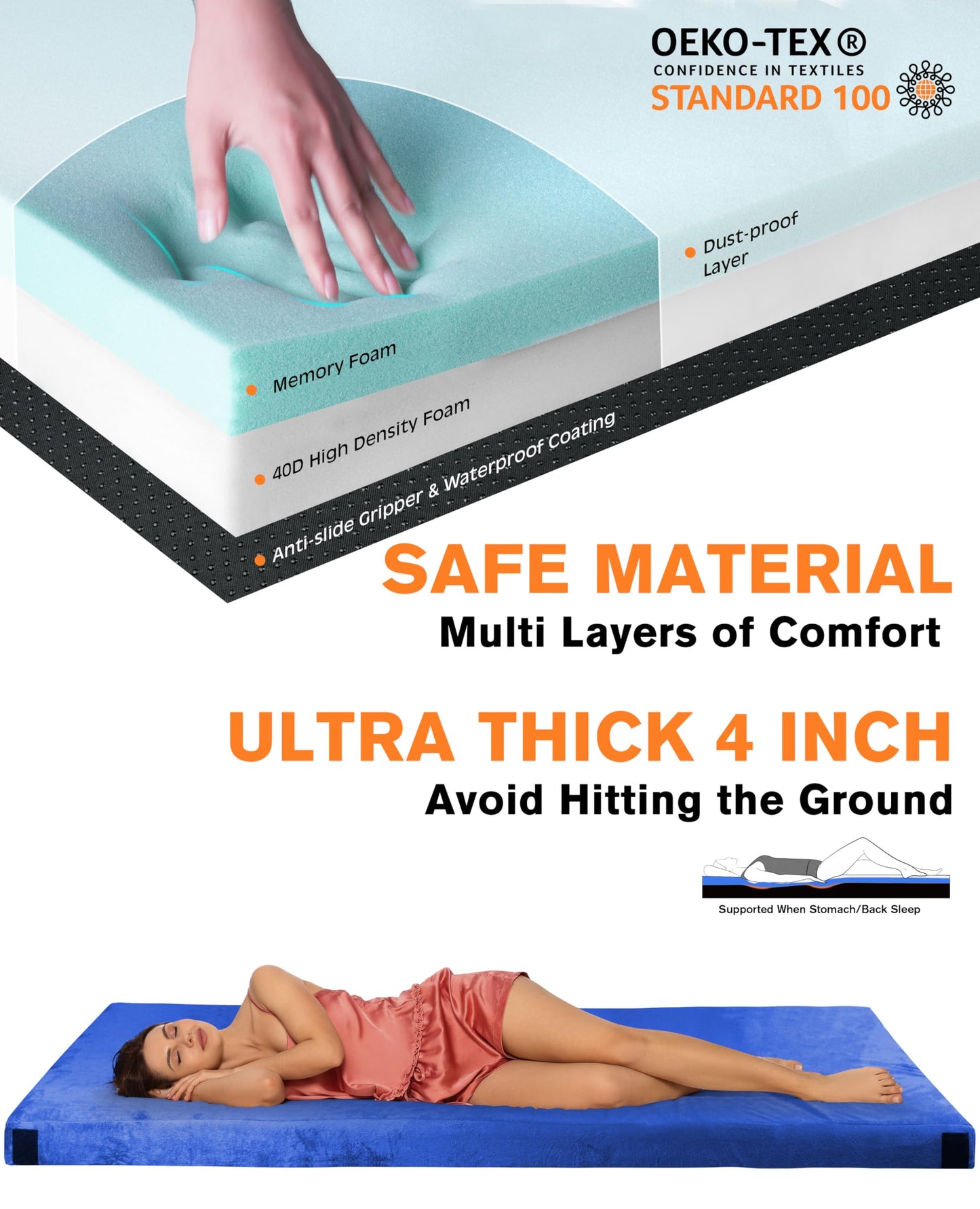 GAIALOOP 4 INCH Thick Memory Foam Camping Pad Futon Mattress, Portable Floor Sleeping Mat Sleepover Guest Bed Roll Up Mattress for Outdoor Extra Supportive for Side Sleepers [Single:75 * 30 * 4"]