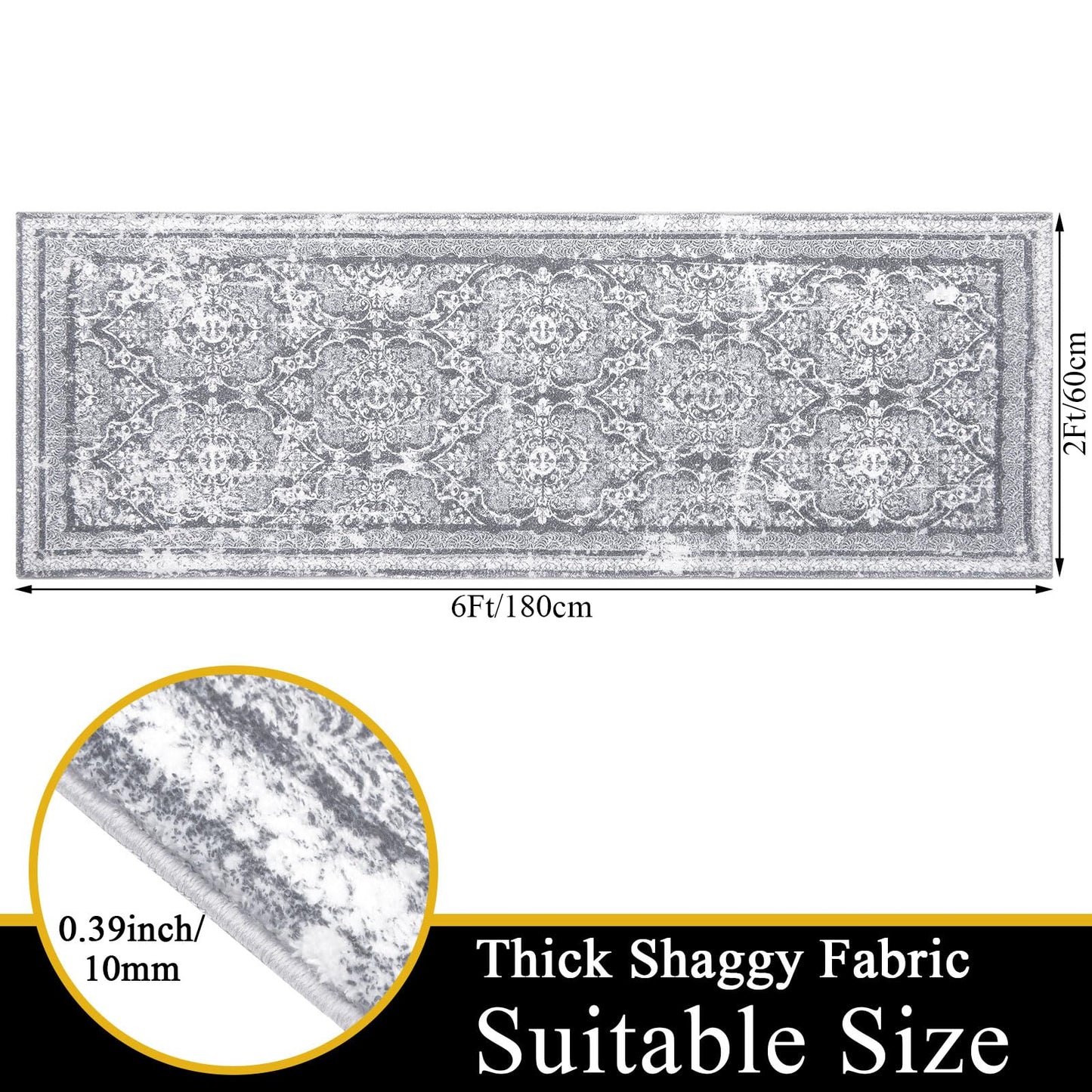 Vaukki Hallway Runner Rug, Vintage Shaggy Soft Laundry Rug 2' x 6', Non Slip Boho Entryway Runner Mat, Grey Washable Farmhouse Kitchen Area Carpet Runner for Bathroom, Entryway and Bedroom