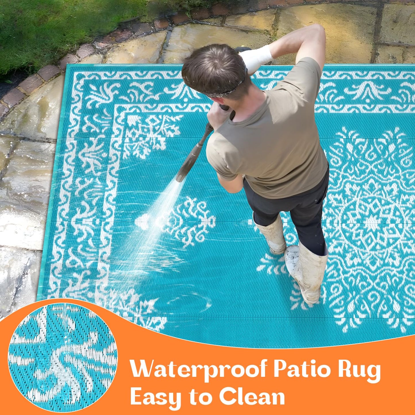 Yamaziot Outdoor Rug 8x10 Ft, Waterproof Plastic Straw Patio Rug, Reversible Backyard Carpet UV Resistant Portable RV Mat Clearance, Large Indoor Outdoor Rug for Patio, Porch, Deck, Balcony, Teal
