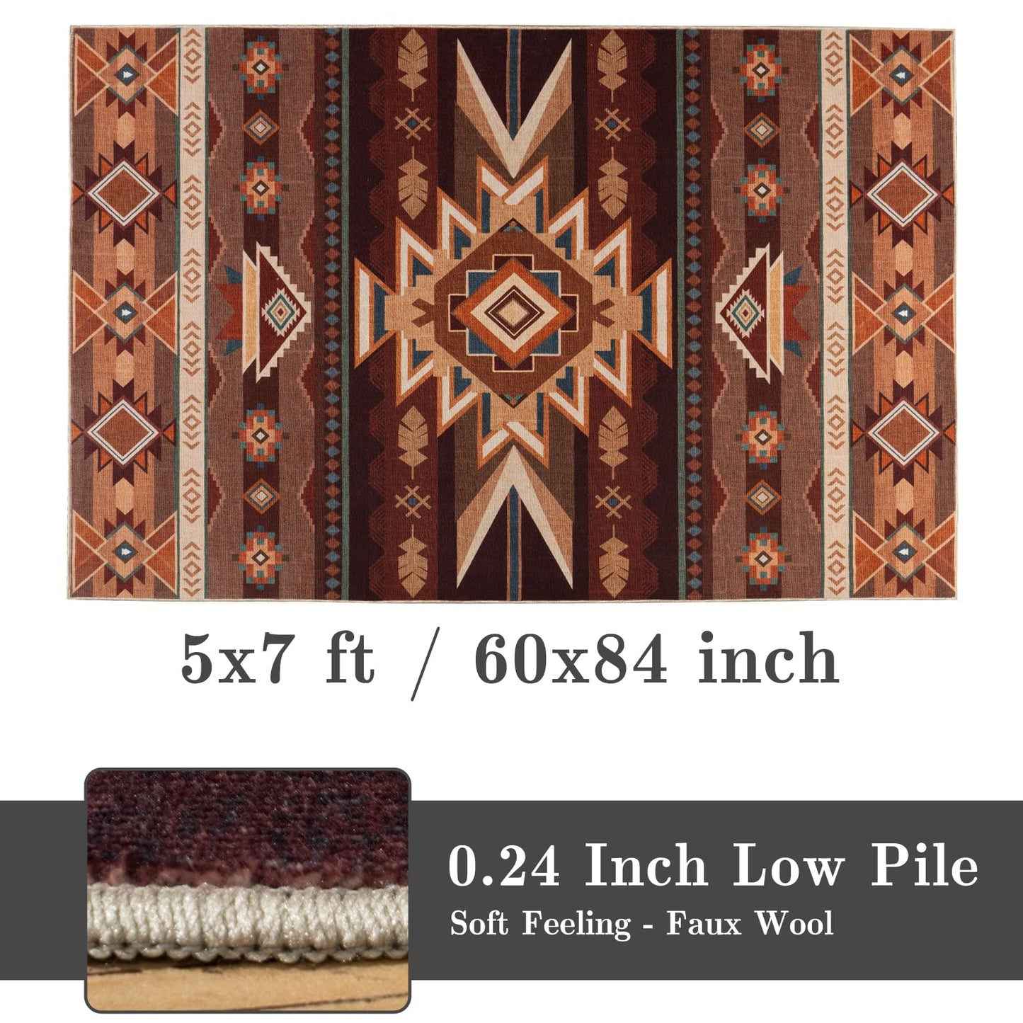 Western Rug for Living Room, 5x7 Non Slip Low Pile Aztec Rug for Bedroom, Dining Room Rugs for Under Table, Office, Machine Washable Area Rugs, Red Brown