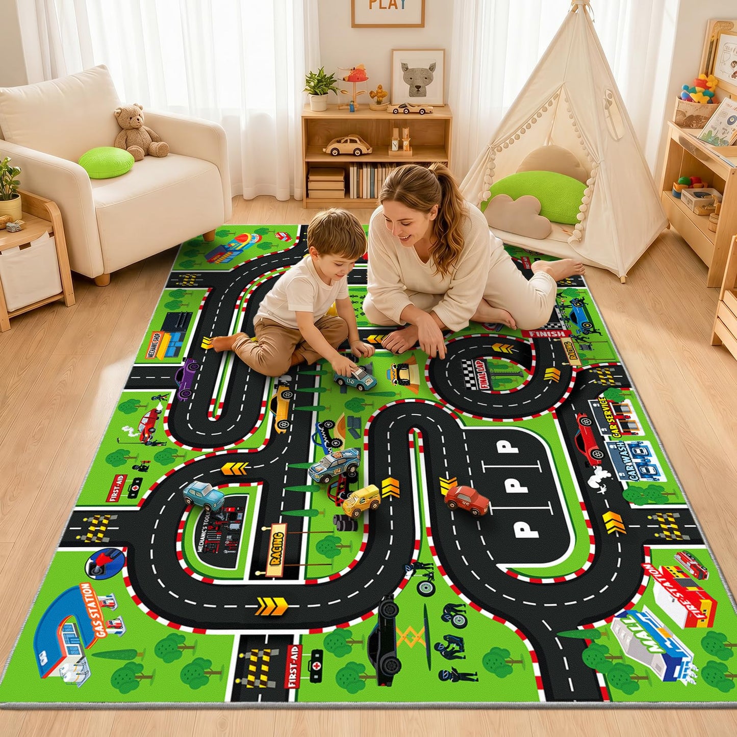 Quntue Kids Play Rug 4x5 Ft, Non-Slip Race Track Car Rug Play Mat, Washable Soft Road Carpet for Boys Room, Playroom, Bedroom, Nursery, Classroom