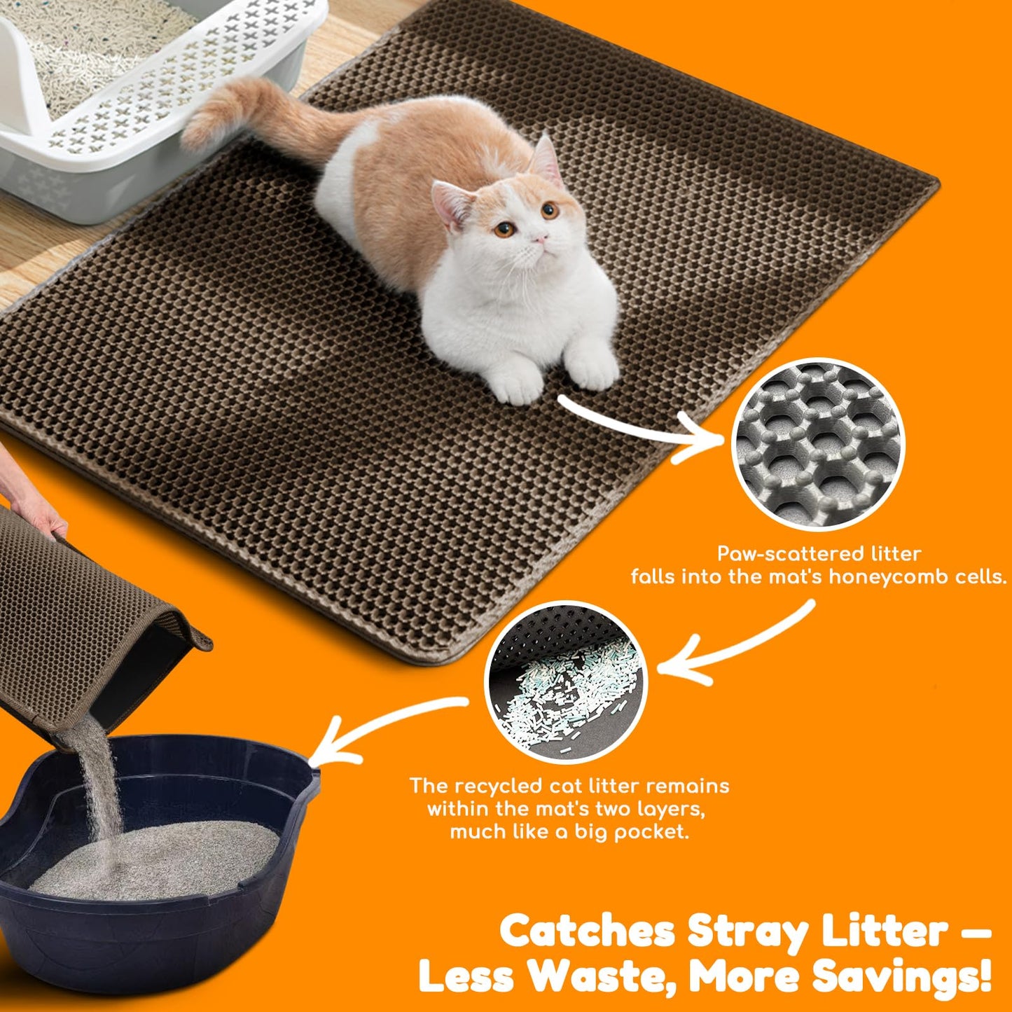 blissstorm Extra Large Waterproof Cat Litter Mat - 31x24 Inch Honeycomb Double Layer Traps Litter, Waterproof & Non-Slip Floor Protector, Easy Clean, Odor-Free, Brown