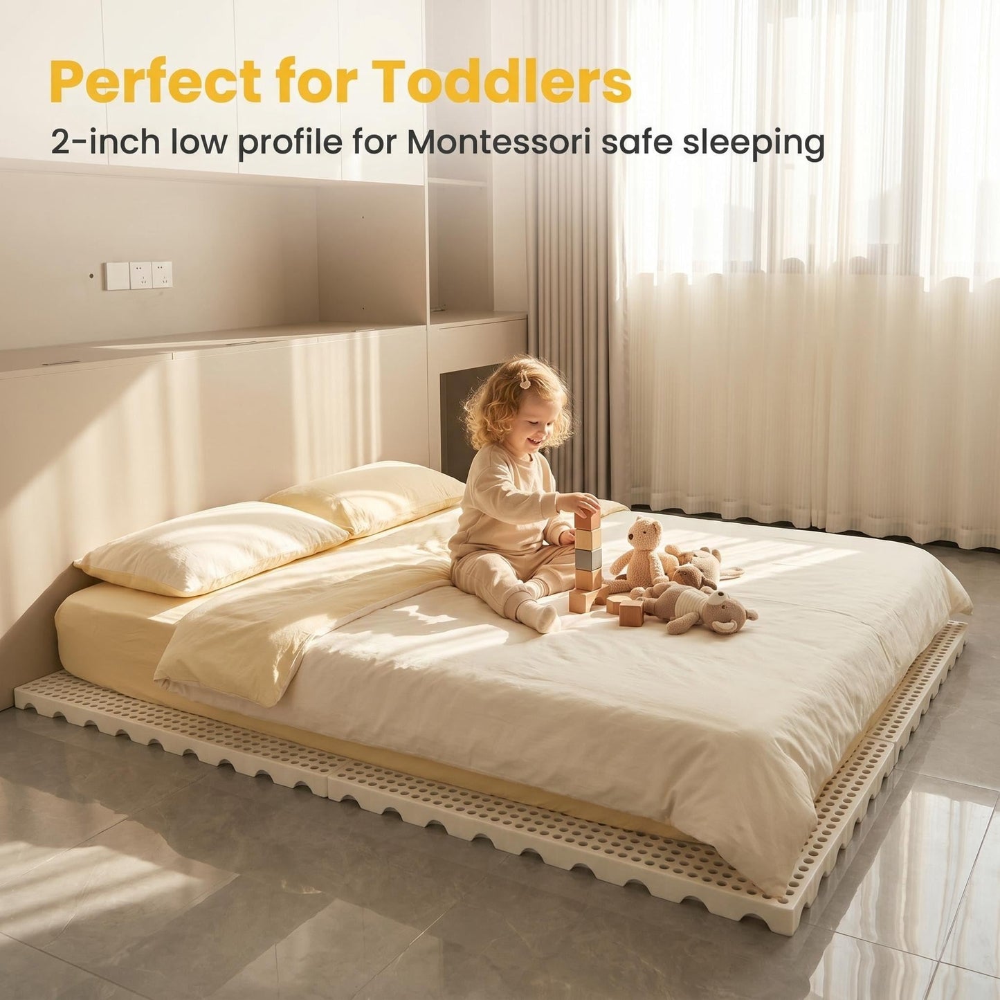Lsbod Foldable Floor Bed Frame, Japanese Tatami Mat Style Platform Bed Base, Bed Plate for Futon Frame Mattress, Floor Sleeping or Guest Bed, Queen, PP Material