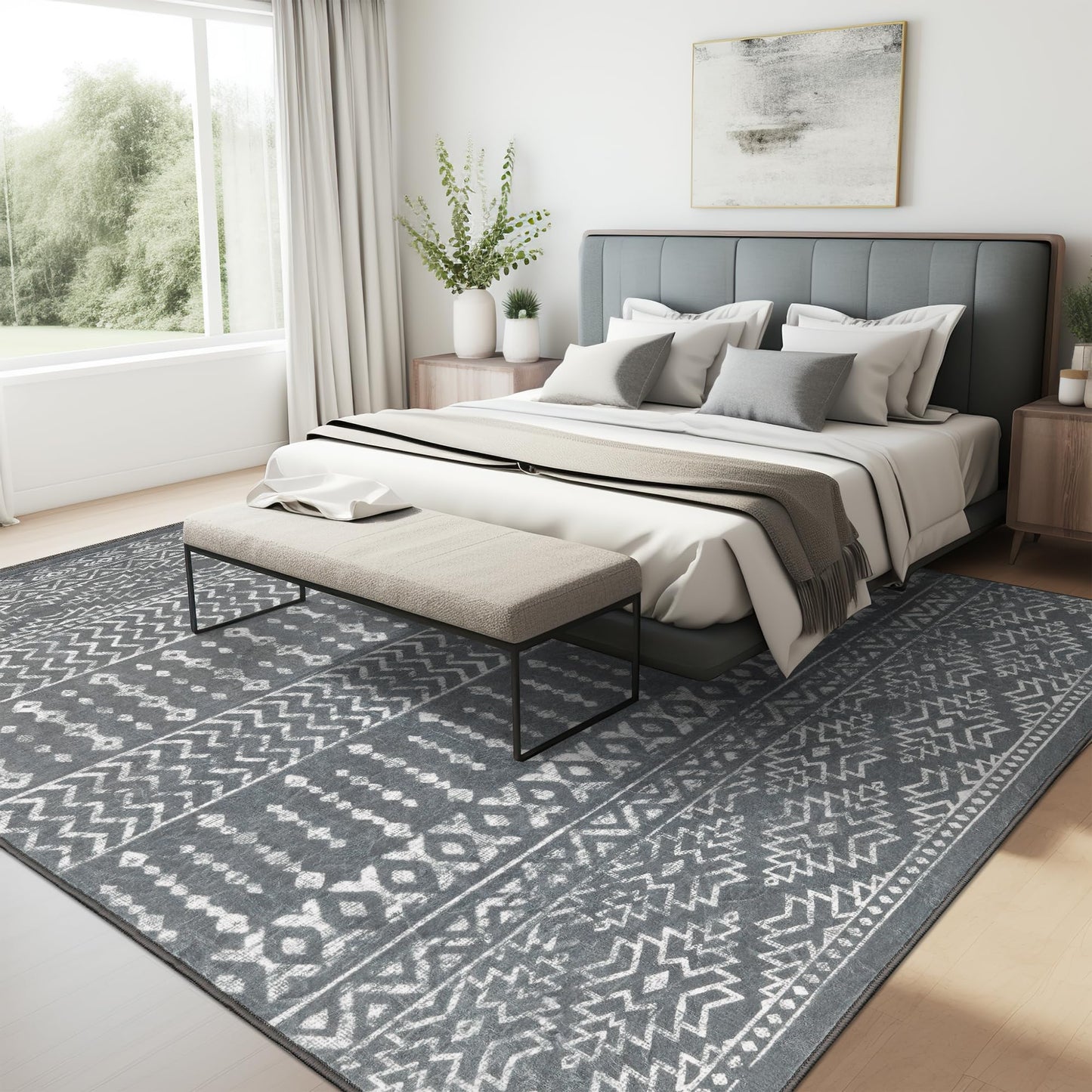 Art&Tuft 3x5 Rug, Super Soft Ultra-Thin Moroccan Washable Rug, Anti-Slip Backing Rugs for Living Room, Foldable Geometric Machine Washable Area Rug(3'x5', Grey)