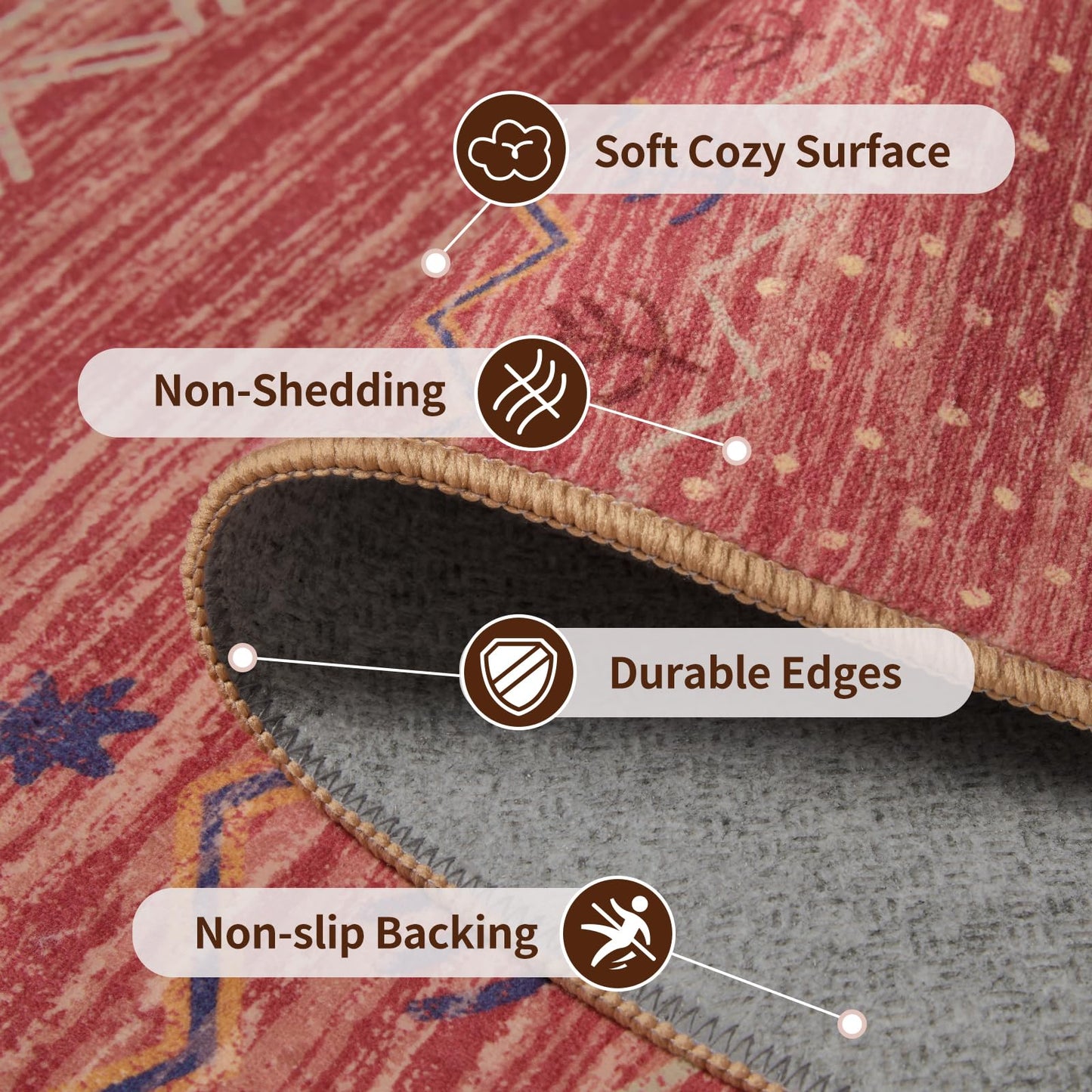 SERISSA 2x5 Kitchen Runner Rug, Washable Non-Slip Red Ochre Boho Rug, Soft Low-Pile Geometric Indoor Carpet for Hallway Laundry Room Bathroom Bedroom Entryway