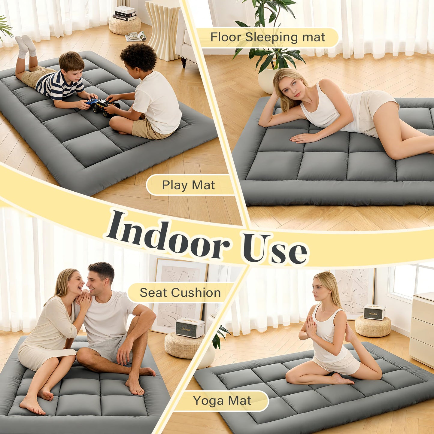 DOWNSTORIA Japanese Floor Mattress, Foldable Futon Mattress Tatami Mat with Handle, Roll Up Camping Sleeping Pad for Adults, Guestroom Floor Bed, Full Size, Grey