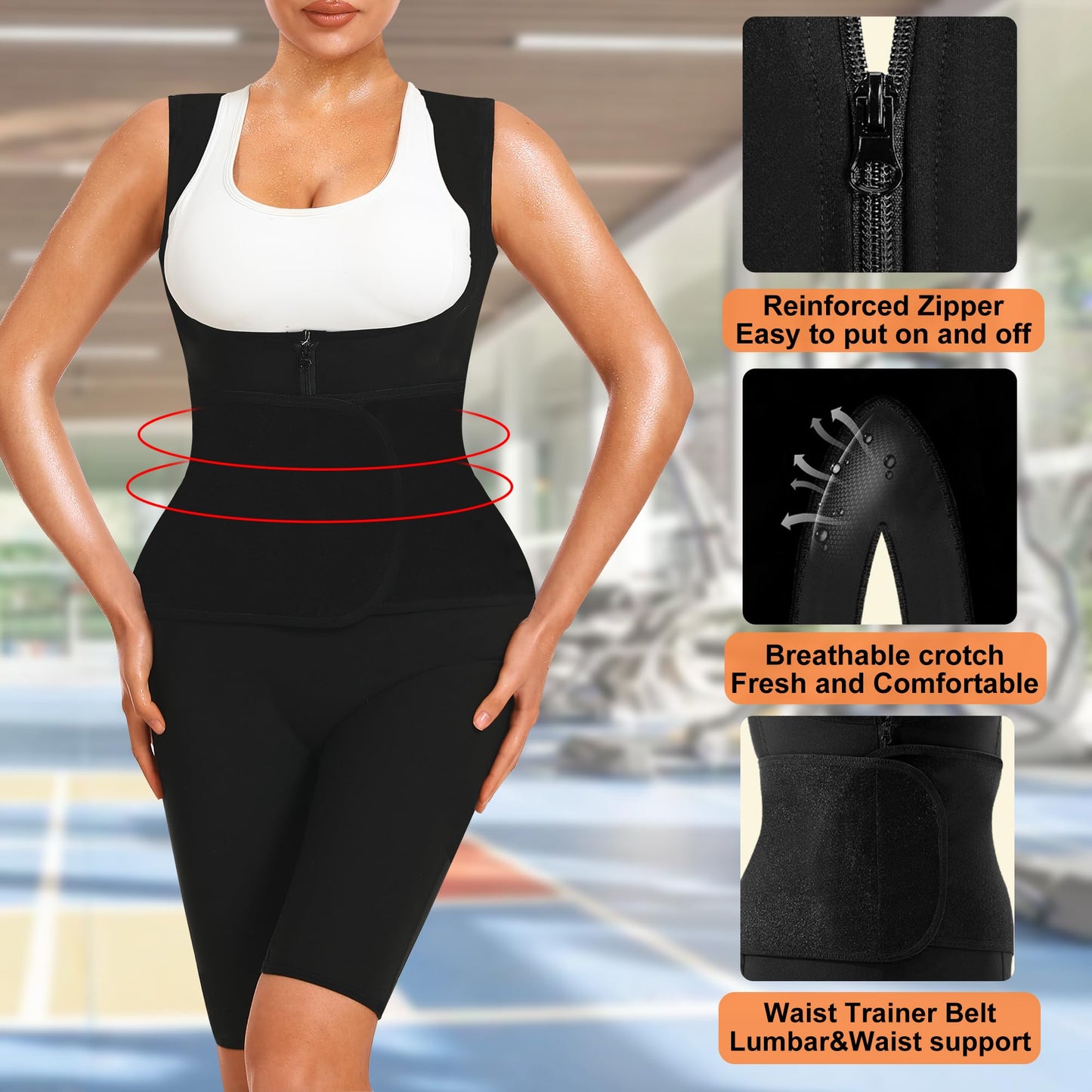 LMCOB Sauna Suits for Women Full Body Sauna Waist Trainer Vest Workout Sweat Suits Sauna Jumpsuits Slimming Body Shaper With Zipper(LYBH70016-01-S)