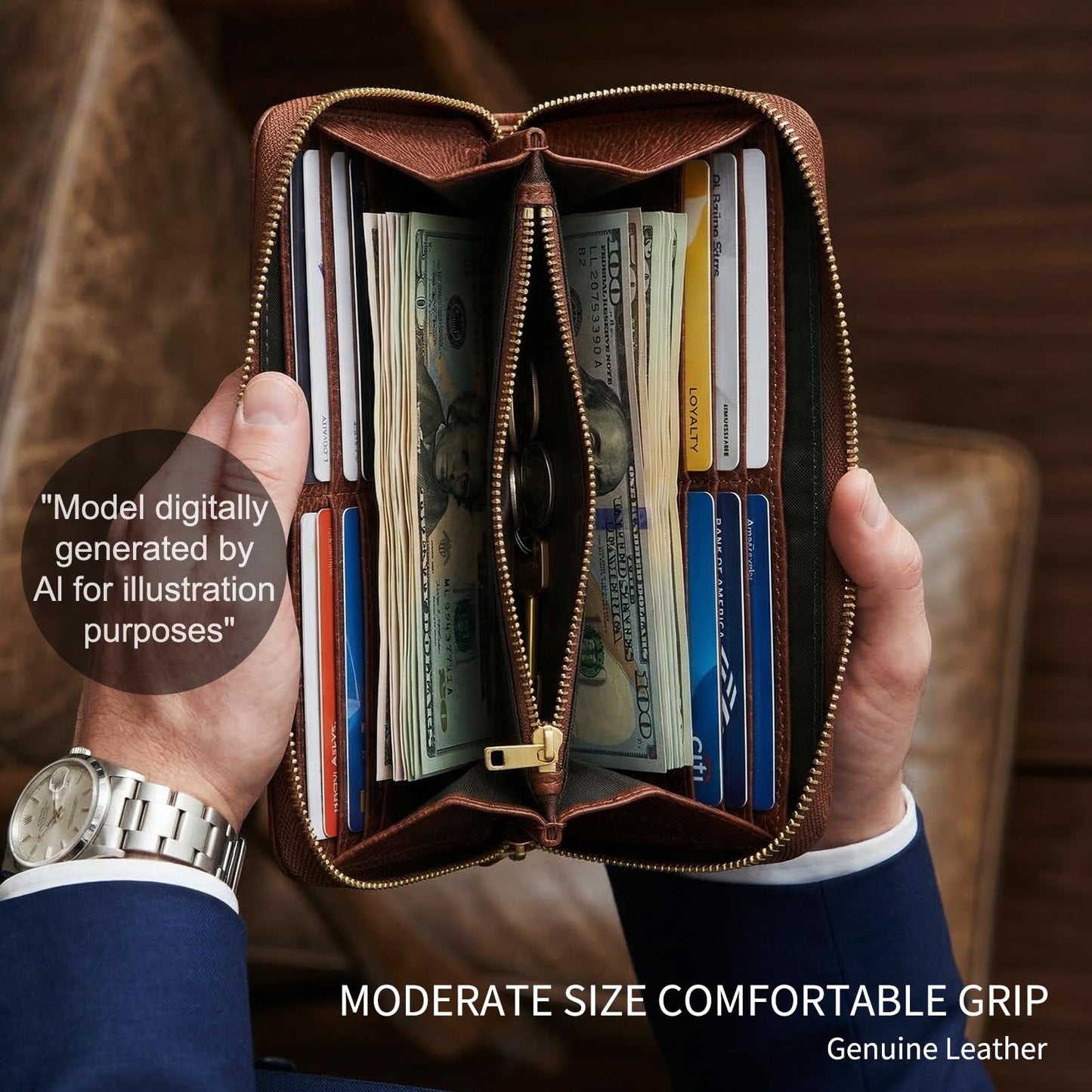 RMAWRAD genuine leather long bi-fold wallet/card holder, unisex, made of full-grain cowhide, with card slots and a coin purse, brown.