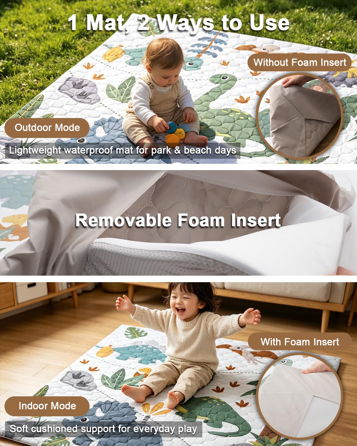 Miloey 2-in-1 Baby Play Mat Indoor & Outdoor, 50x50in Thick Foam Playpen Mat with Waterproof Removable Cover, Non-Slip Soft Crawling Floor Mat for Infants, Toddlers, Travel, Picnic & Camping, Dinosaur