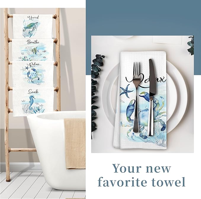 Watercolor Coastal Beach Hand Towels, Sea Horse Turtle Fish Crab Unwind Breathe