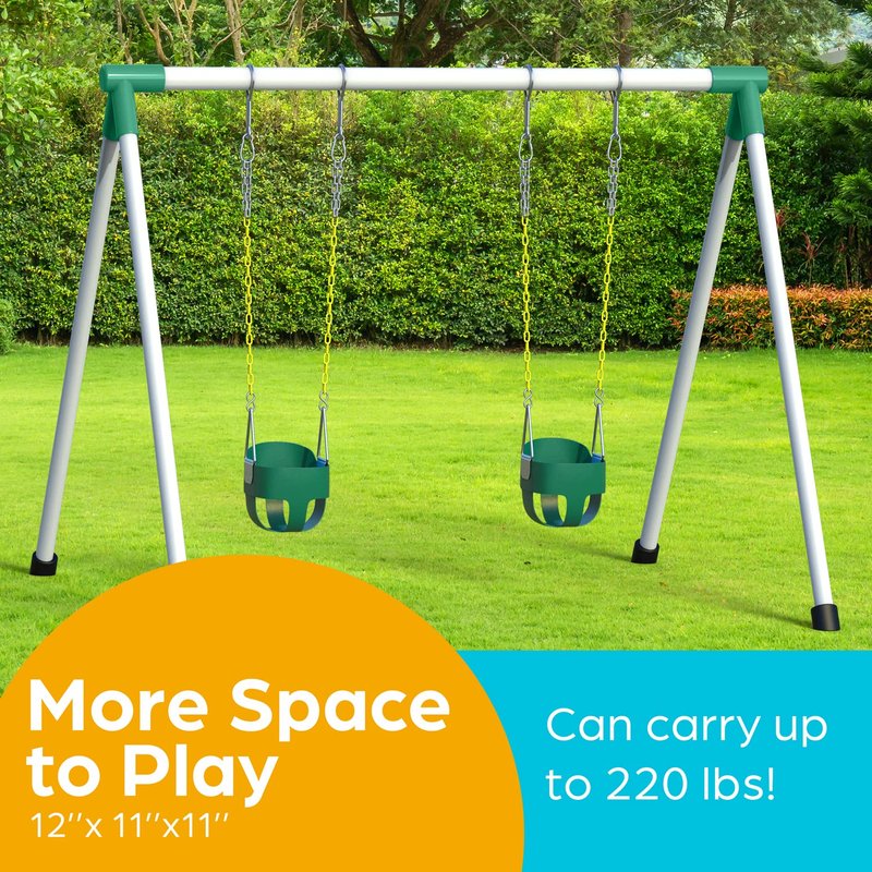 Jungle Gym Kingdom Baby Swing Outdoor - Heavy Duty Toddler Swing Set Accessories, High Back, Full Bucket Seat with Coated Chains for Outdoor Use - Fully Assembled - Green