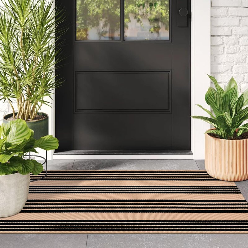 Black and Tan Striped Outdoor Rug, 2’ x 4.3’ Cotton Hand-Woven Reversible Front Porch Rug Washable Front Door Mat Entryway Rugs Welcome Layered Doormat Carpet for Patio Farmhouse Kitchen