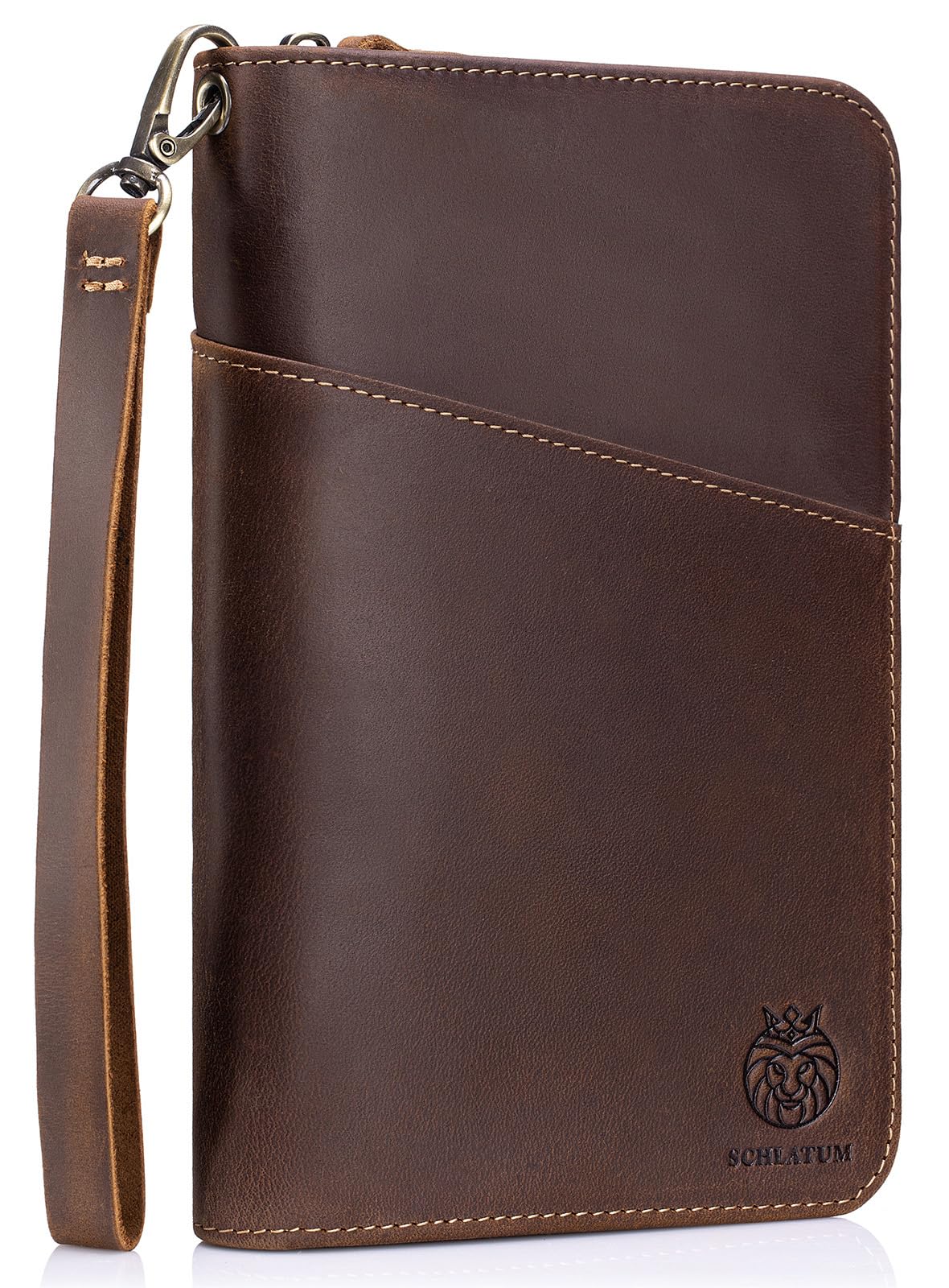SCHLATUM Leather Family Passport Holder RFID Blocking Vintage Zipper Large Capacity Travel Wallet with 6 Passport Slots & Wristlet