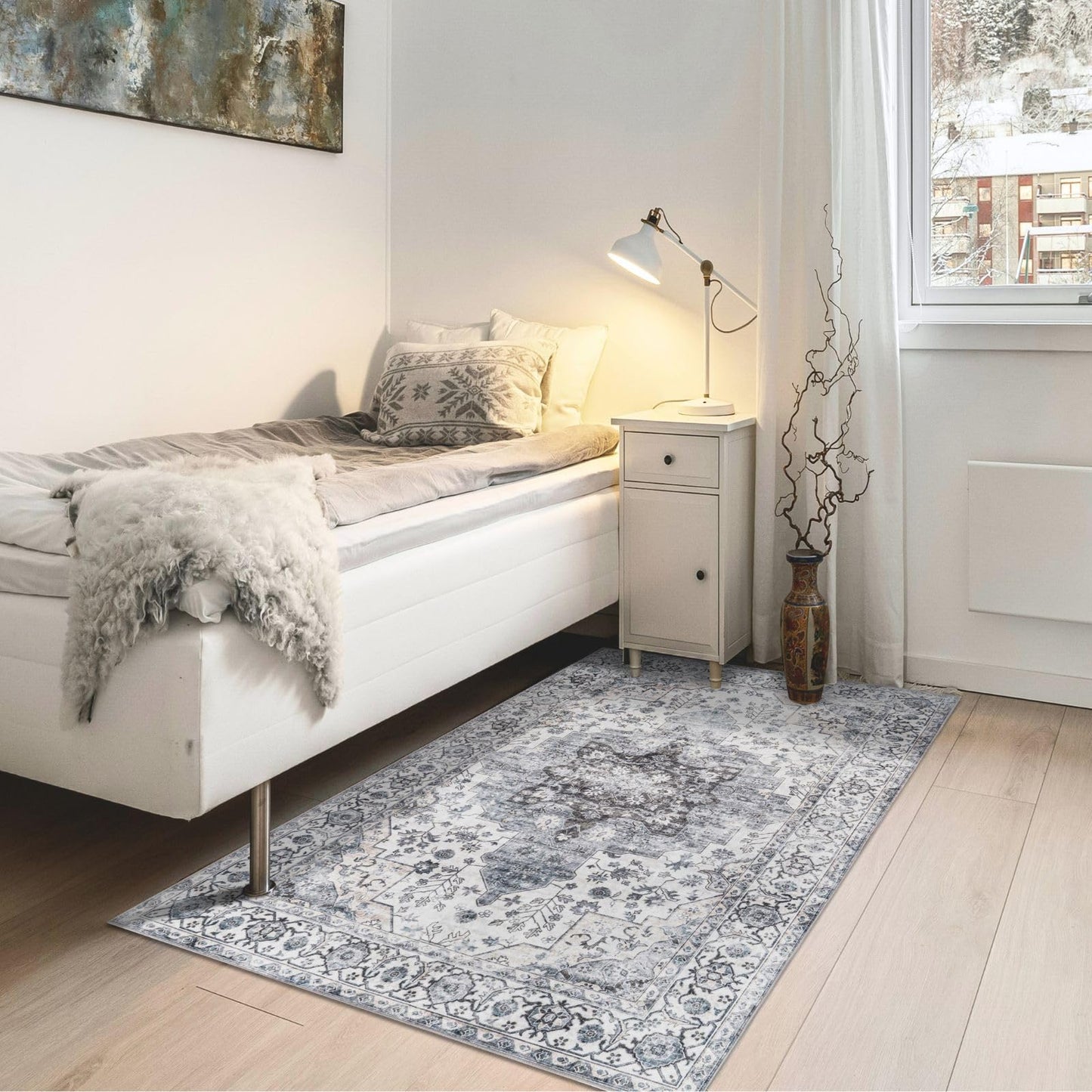 Syalife 3x5 Washable Area Rug, Ultra Soft Non-Slip, Low Pile, Stain Resistant Vintage Area Rug for Living Room, Boho Carpet for Bedroom, Dining Room, Office, Foldable Entryway Rugs, Grey/White
