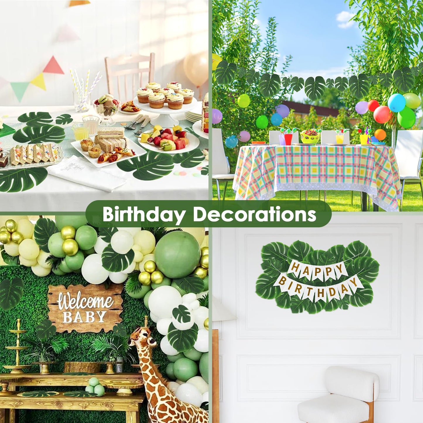 ARTKAIKE Artificial Palm Monstera Green Leaves for Birthday Party Table Decor, Realistic Tropical Fake Plants for Dinosaur/Jungle, Luau & Safari Theme Events (18, Monstera)