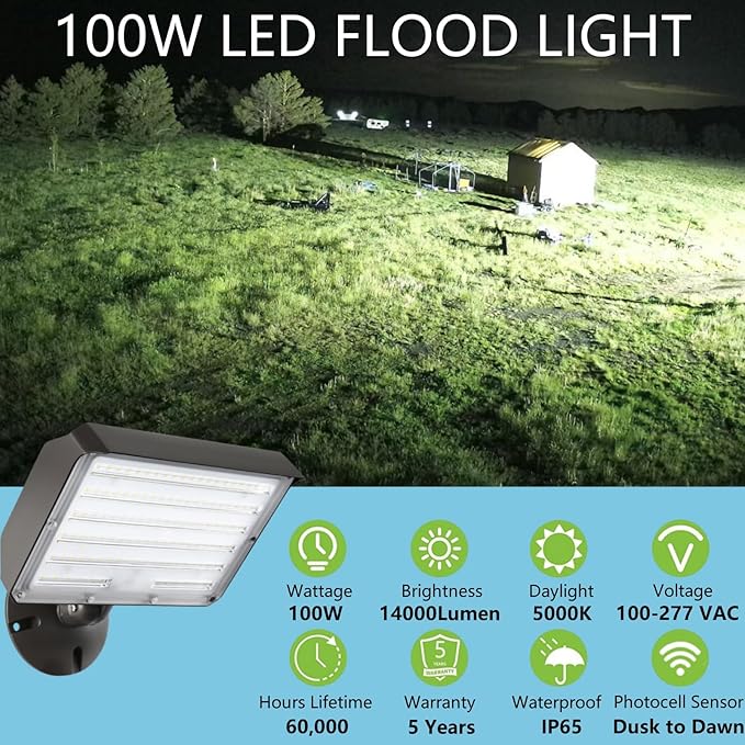 Dusk to Dawn Outdoor 100W LED Flood Light with Knuckle (Plate Included), 14000LM 1000W Equiv., 100-277V 5000K,ETL Commercial LED Floodlight Fixture, Outdoor Security Lighting for Landscape,Parking Lot