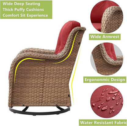 Rilyson Patio Chairs Rocking Swivel Chiar - 3 Piece Outdoor Wicker Patio Bistro Set Rattan Rocker Glider Chairs with High Back and Deep Seating for Outside Porch Deck Garden(Yellow/Red)