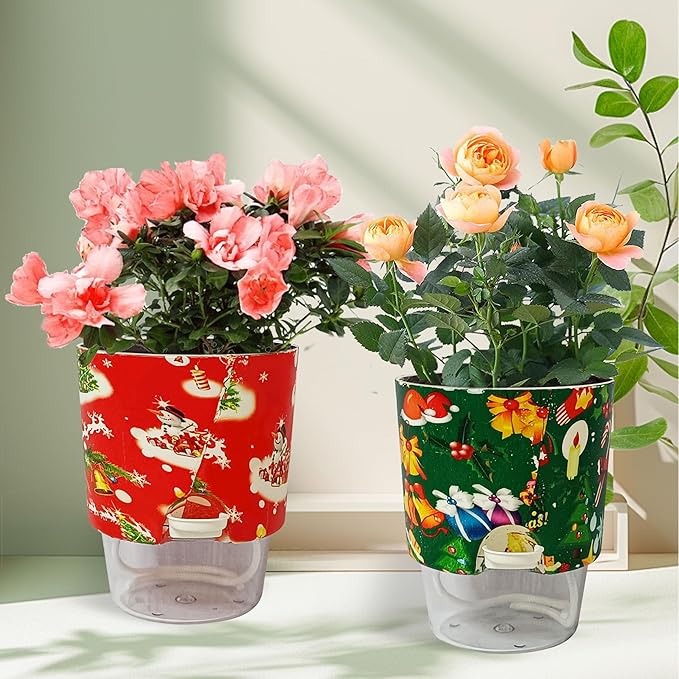 Print Flowerpots Round Plant Pots - 2 Pack Outdoor Garden Planter Plastic Indoor Modern Decorative Succulent Houseplant Pot with Drainage Christmas Day 4FP-CMRG