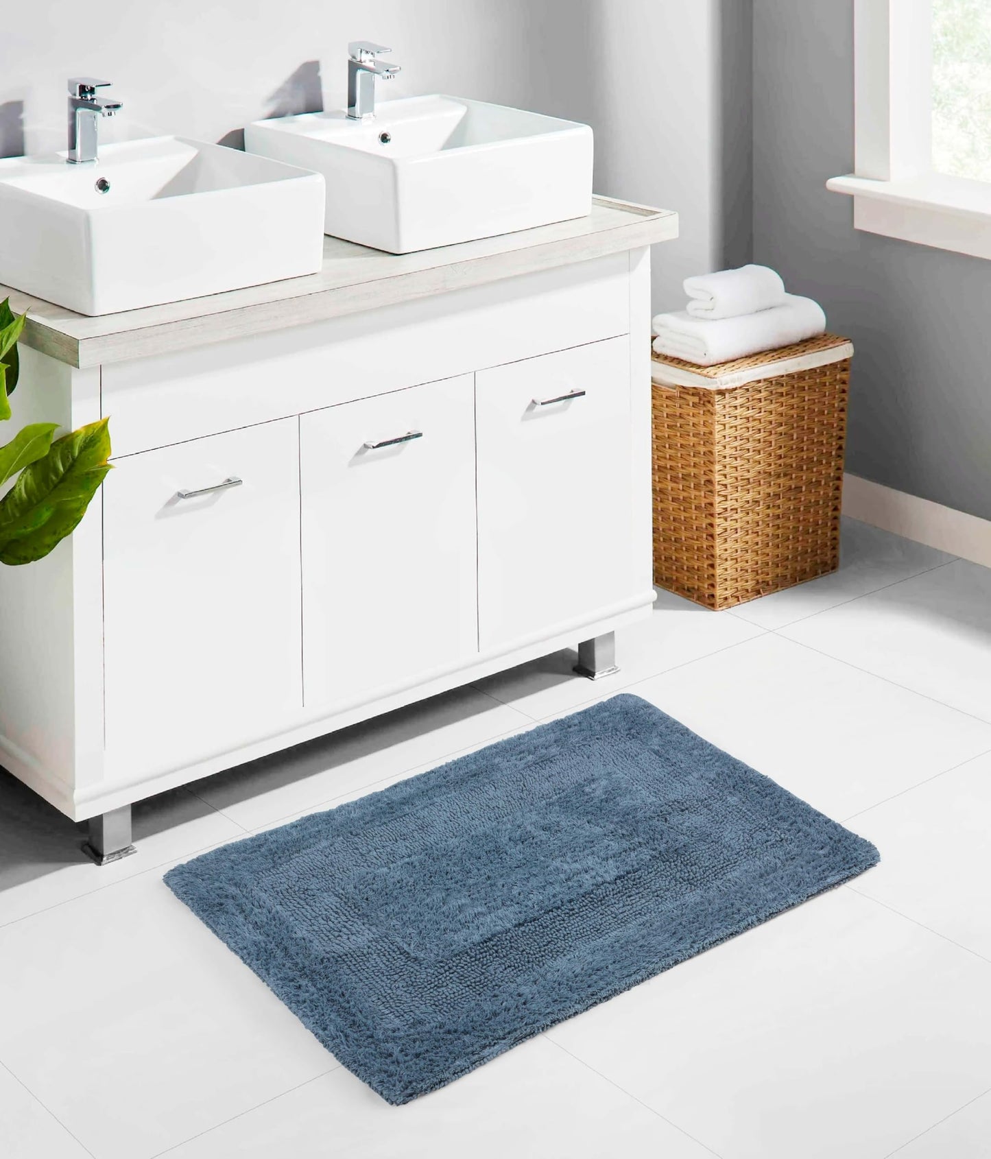 COTTON CRAFT Luxurious Bath Mat Rug - Set of 2 Reversible Heavyweight Step Out Bath Mats for Bathroom Floor, Tub and Shower - Pure Cotton Soft Plush Absorbent Tufted Racetrack Mat - 17x24 - Azure Blue