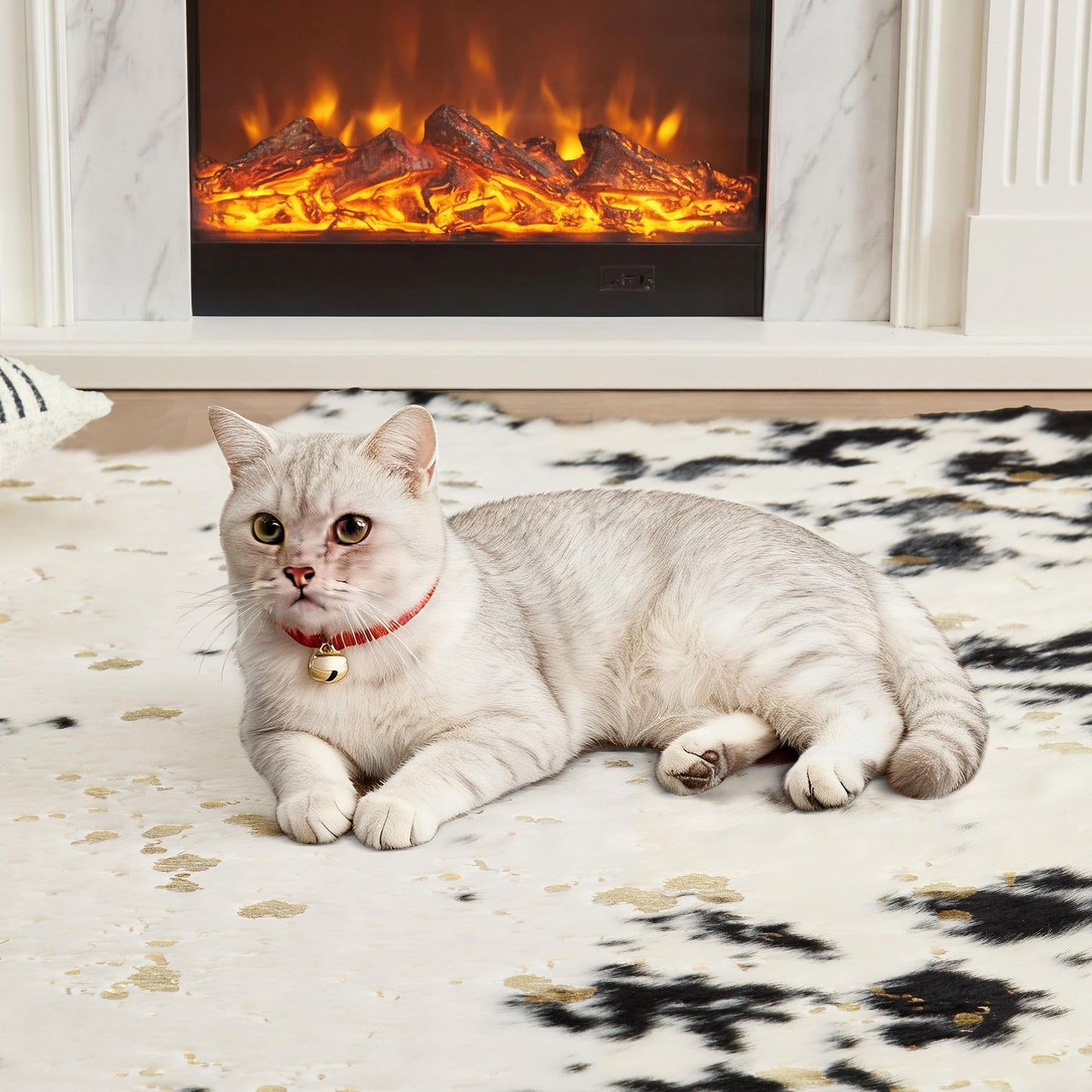 JONIYEAR Large Durable Faux Cowhide Area Rug 4.9 x 6.56 Feet, Premium Cow Print Rug for Living Room Bedroom, Durable Faux Fur Animal Cow Hide Carpet for Western Farmhouse Decor, Black and Gold Spot