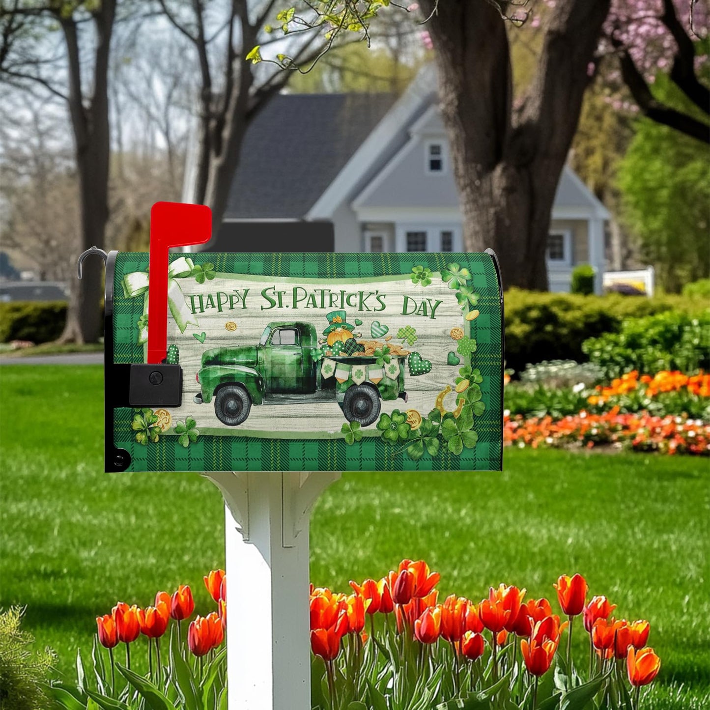 VentuCoven St Patricks Mailbox Covers Magnetic - Truck Mailbox Cover - for Garden Farmhouse Decor - Standard Size 21x18 in - Clover Buffalo Plaid Green