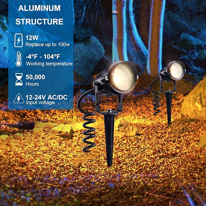 SUNVIE 24 Pack Low Voltage Landscape Lights LED 12W Landscape Lighting with connectors AC/DC 12V-24V Outdoor Spotlight IP65 Waterproof Tree Flag Lights Warm White Spotlights for Yard Garden Pathway