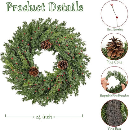 Real Touch Pine Christmas Wreath 24 Inch Christmas Wreaths for Front Door Winter Wreath Artificial Green Wreaths Outdoor Christmas Decorations Indoor Outside Window Home Holiday Thanksgiving