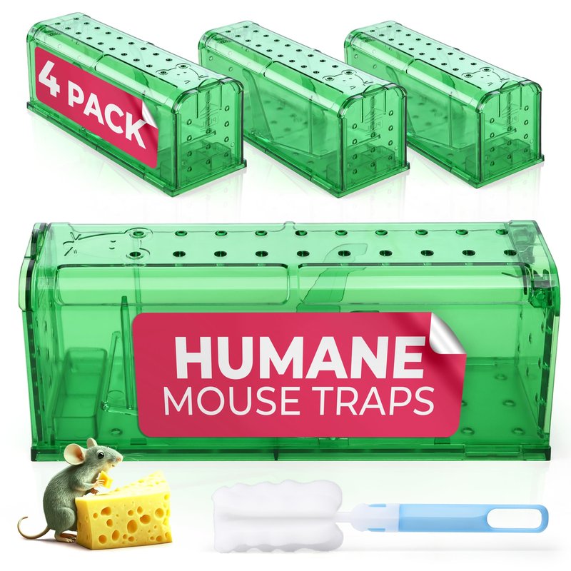 Humane Mouse Trap Pack of 4 - No Kill - Live Mouse Traps Indoor for Home Use - Reusable Rodent Traps for House Indoor, Safe & Effective Rat Trap Outdoor - Humane Mice Control with Cleaning Brush