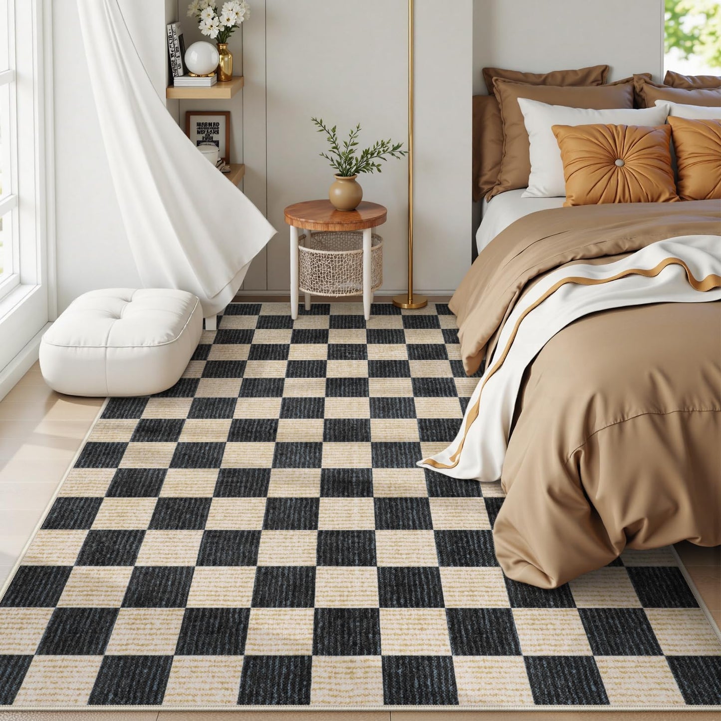 Machine Washable 5x7 Area Rugs for Living Room Checkered, Non Slip Soft Low Pile Farmhouse Geometric Modern Neutral Playroom Boys Rugs for Bedroom, Large Carpet Rugs for Dining Room(Black,5'x7')