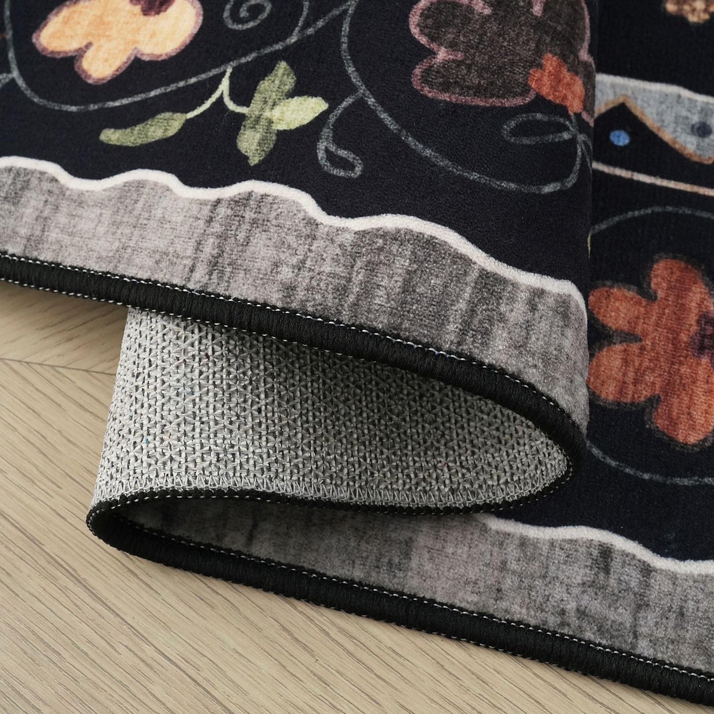 Rugcomf Living Room Rug 5x7 Rug Machine Washable Boho Area Rug Non Slip Floral Animal Cat Vintage Low Pile Large Rugs for Living Room Bedroom Farmhouse Dining Room Kids Playroom, Black