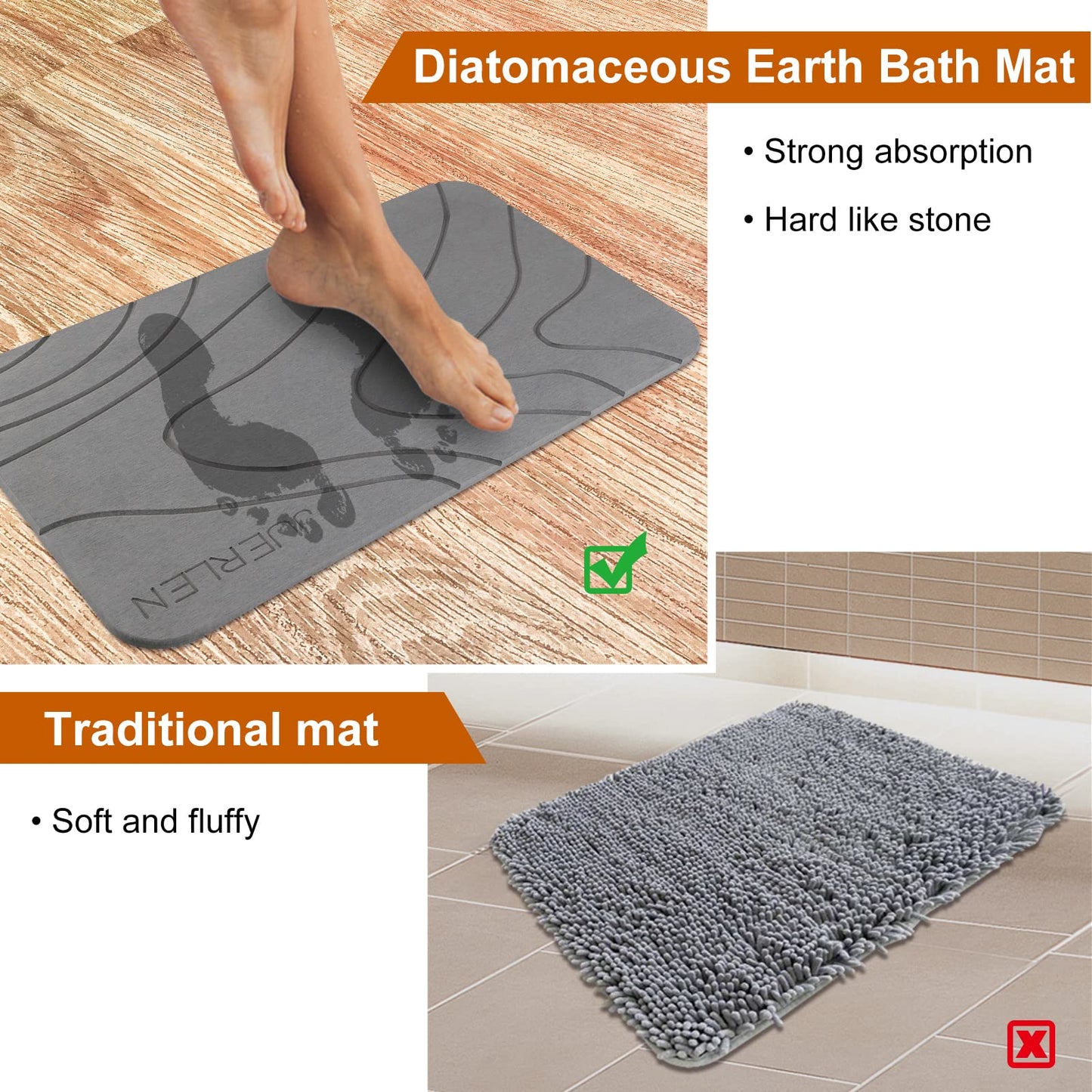 JUERLEN 2 Pack Diatomaceous Earth Shower Mat, Stone Bath Mat, Nonslip Super Absorbent Fast-Drying Hard Bath Mat for Bathroom Shower Floor, 24 x 16 inch, Grey Wave Design