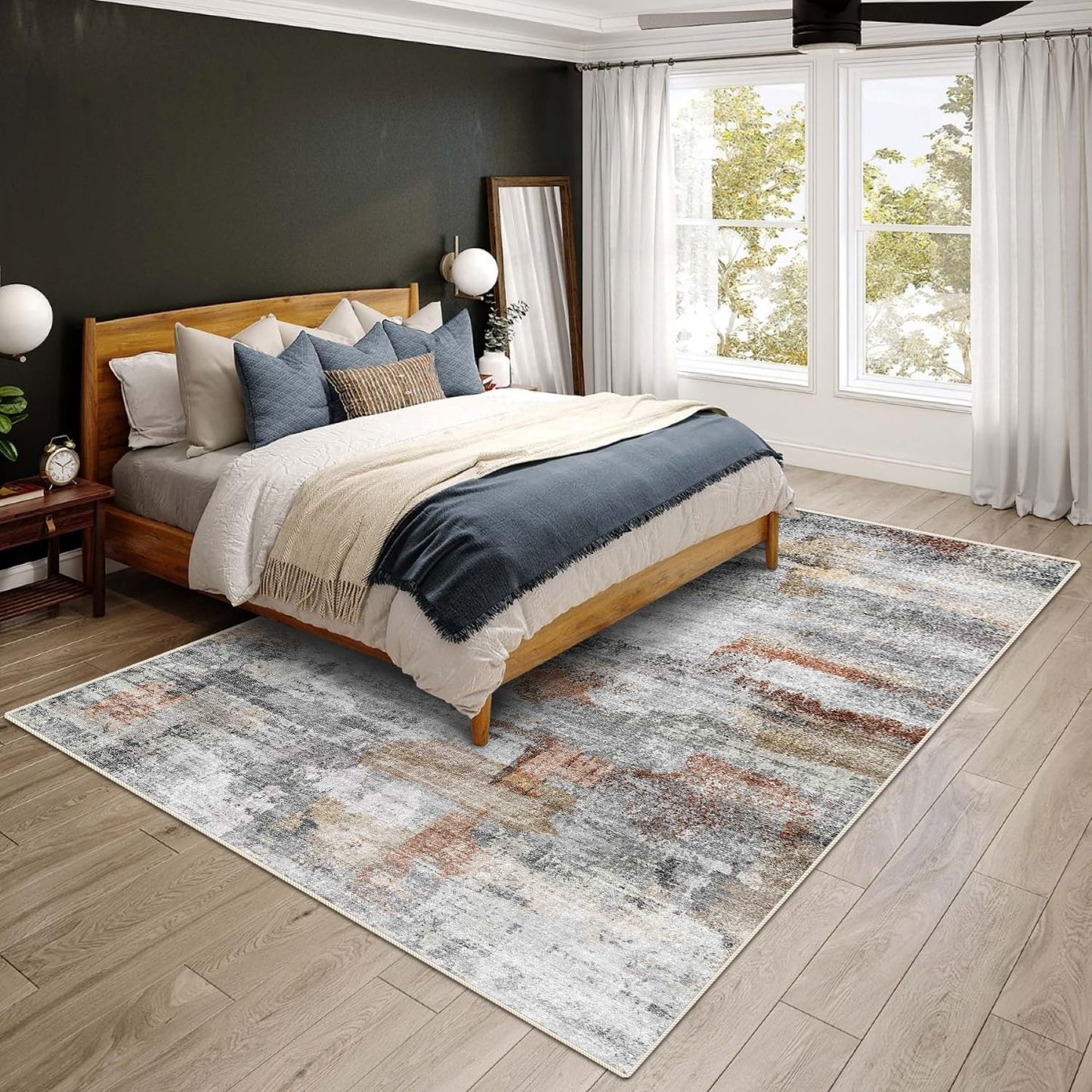 vivorug 5x7 Area Rugs - Ultra-Thin Washable Rug with Non-Slip Backing, Ideal for Living Room, Bedroom, Kitchen Floor Carpet - Modern Abstract, Easy Clean, Durable, Low Pile Gray/Rust
