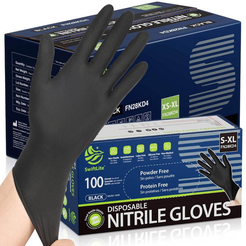 SWIFTLITE Nitrile Gloves, Disposable Black Gloves, Food Safe Rubber Gloves, Latex-Free, Powder-Free for Cooking, Cleaning, Food Prep (X-Large, 1000 Counts)