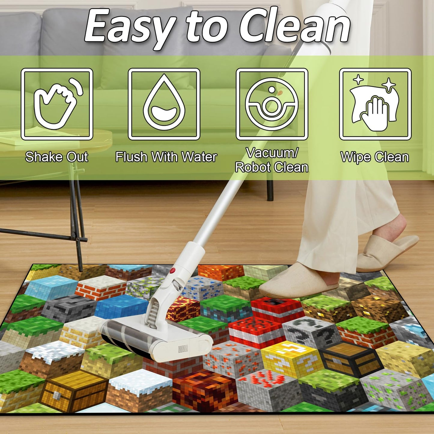 Block Game Rug Teen Boys Carpet with Pixel Games Element Decoration Mat, Cube Block Game Rugs for Boy’s Bedroom Living Room Playroom, Non-Slip Children Gaming Area Rugs (60" x 40")