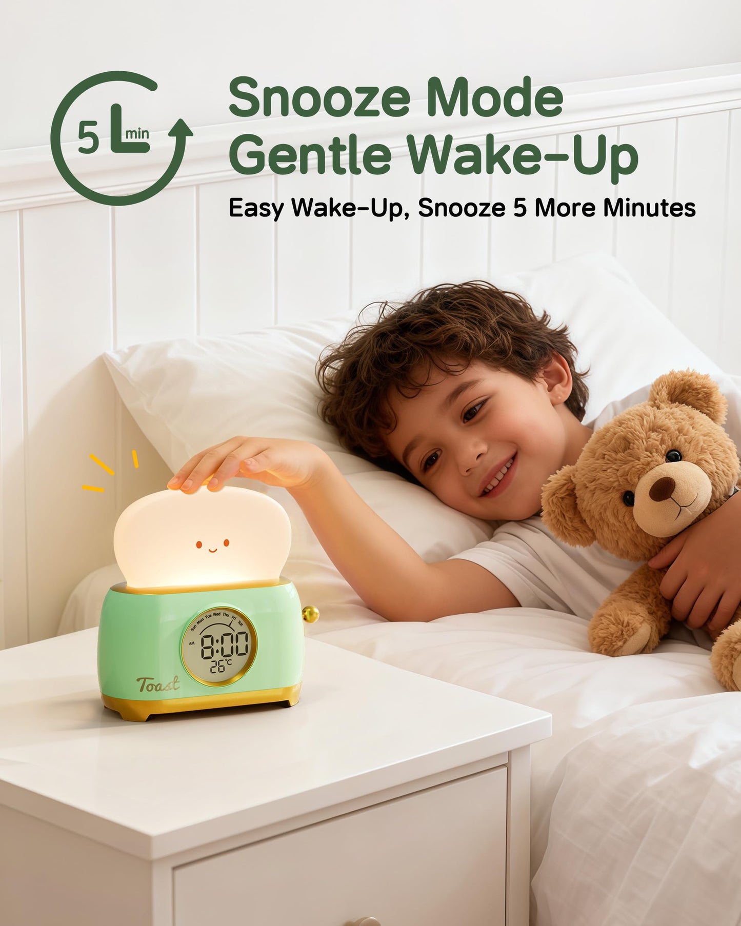 Aokpsrt Alarm Clock for Kids, Cute Toast Night Light Alarm Clocks for Bedrooms, Dimming Rechargeable Small Led Desk Clock with Snooze & Countdown for Room Decor, Bedside Clock for Teen Girls Boys