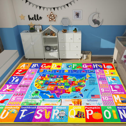 LTKOUGFAM USA Map ABC Kid Rug for Playroom 59"×39.4" Geography Classroom Play Rug Educational Kids Playmat Alphabet Mat State Symbols, ABC Letters, Numbers, Seasons&Shapes Non-Slip Preschool Playmat