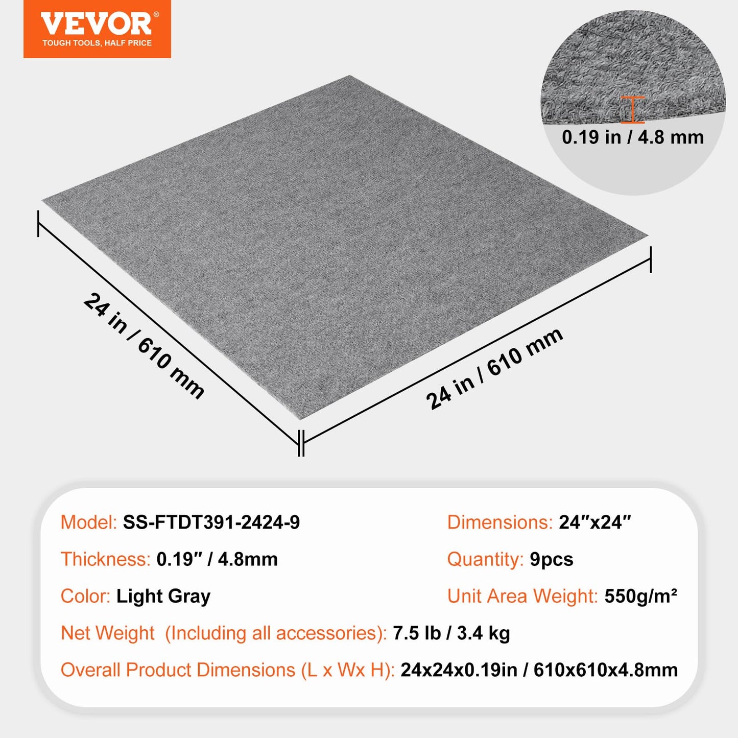 VEVOR 24 x 24 Peel and Stick Carpet Tiles Squares with Self Adhesive & Soft Padded for Indoor Outdoor Kitchen Living Room Bedrooms - Pack of 9/36 sq ft/Light Gray