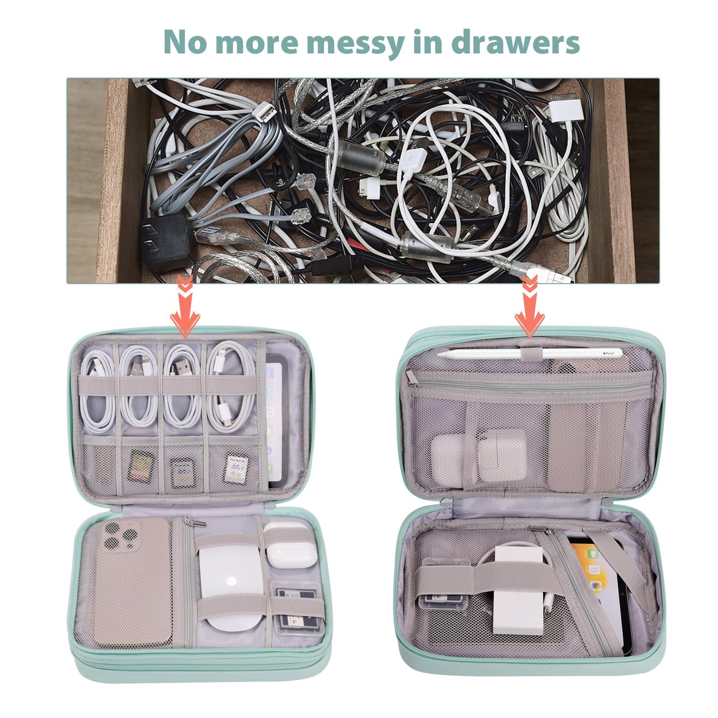 Bevegekos Tablet Accessories Case Bag, Travel Large Electronics Organizer for Chargers & Cords, Cables, 7.9 Inch Tablet, Airplane Essentials, 2 Layers (Mint Green)